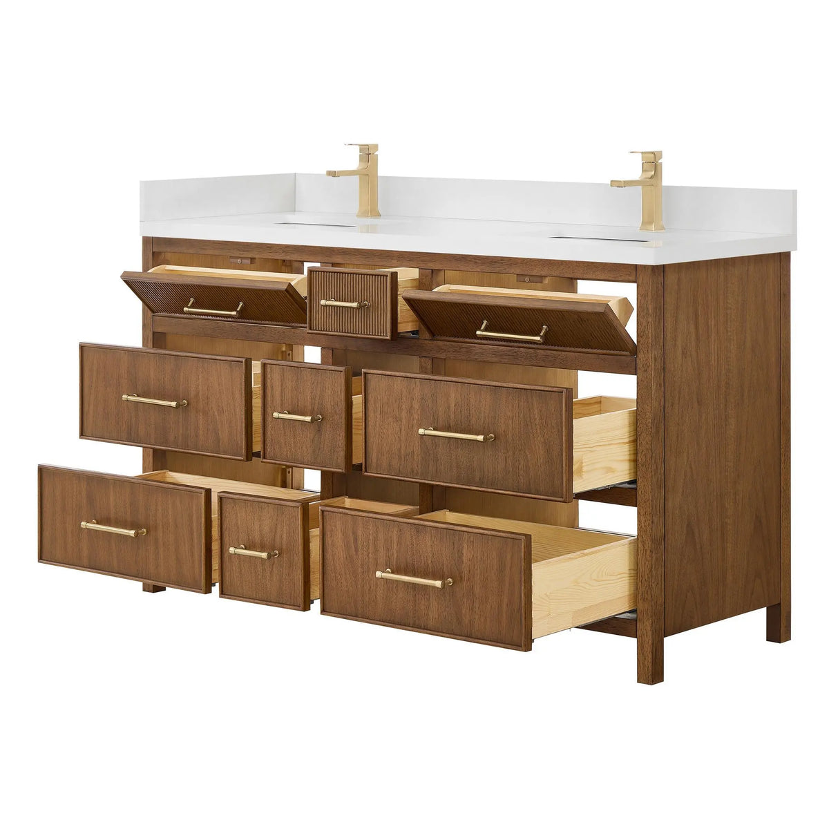 60" Isola Double Bathroom Vanity Toasted Walnut Satin Bronze Trim by wyndham View 11