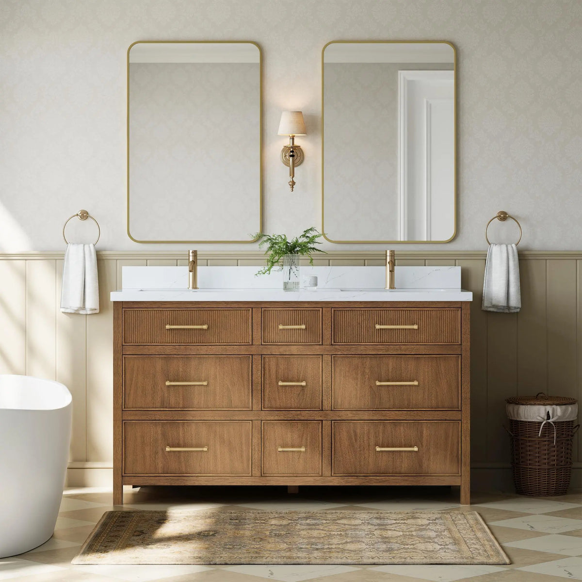 60" Isola Double Bathroom Vanity Toasted Walnut Satin Bronze Trim by wyndham View 2