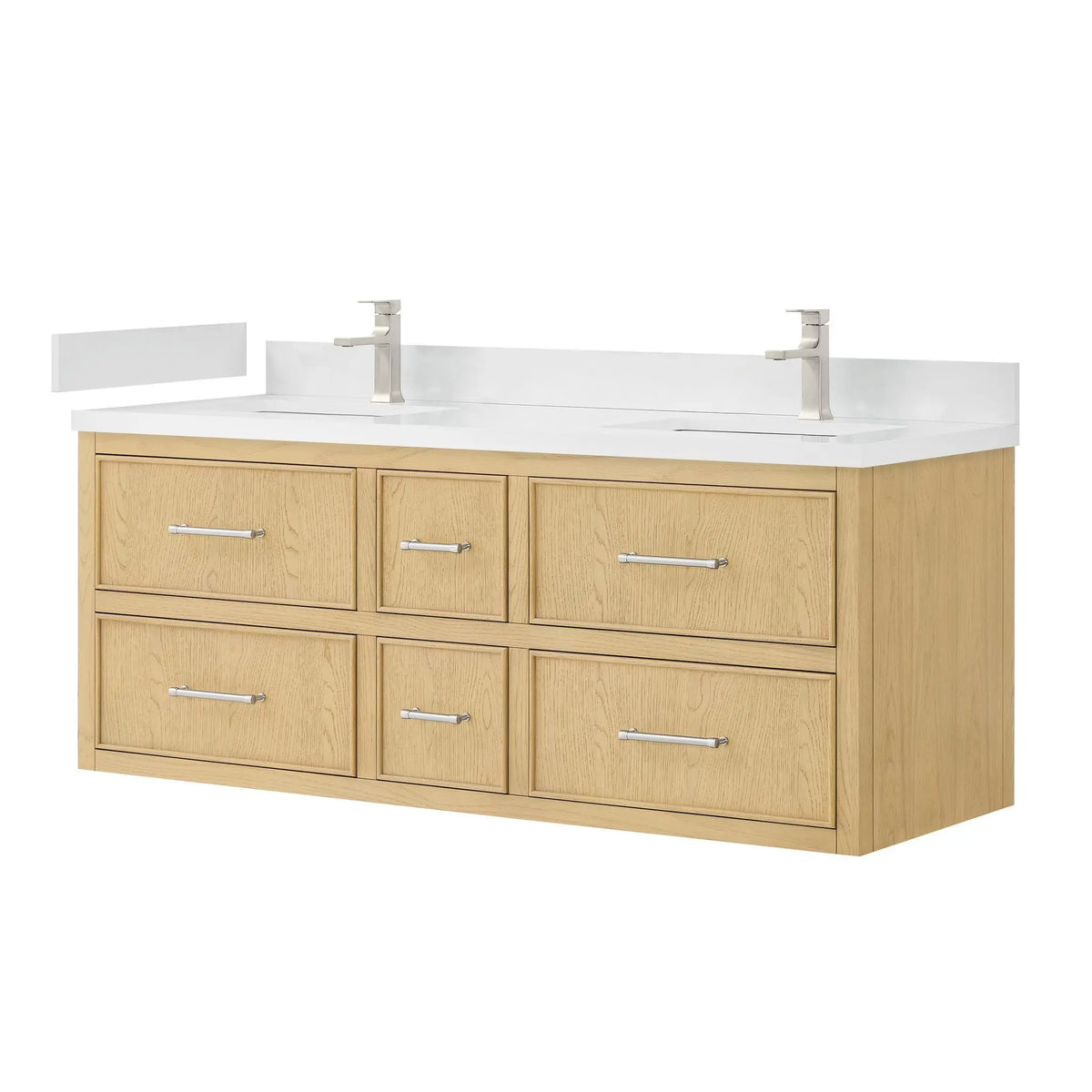 60" Isola Double Wall Mounted Bathroom Vanity Scandinavian Oak Brushed Nickel Trim by wyndham View 12