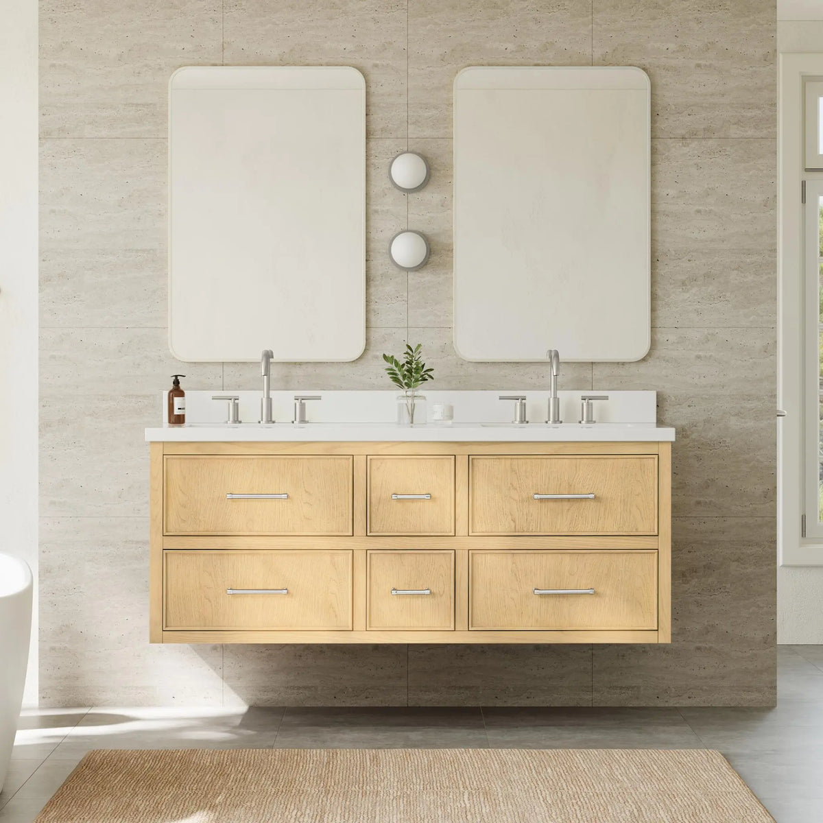 60" Isola Double Wall Mounted Bathroom Vanity Scandinavian Oak Brushed Nickel Trim by wyndham View 14