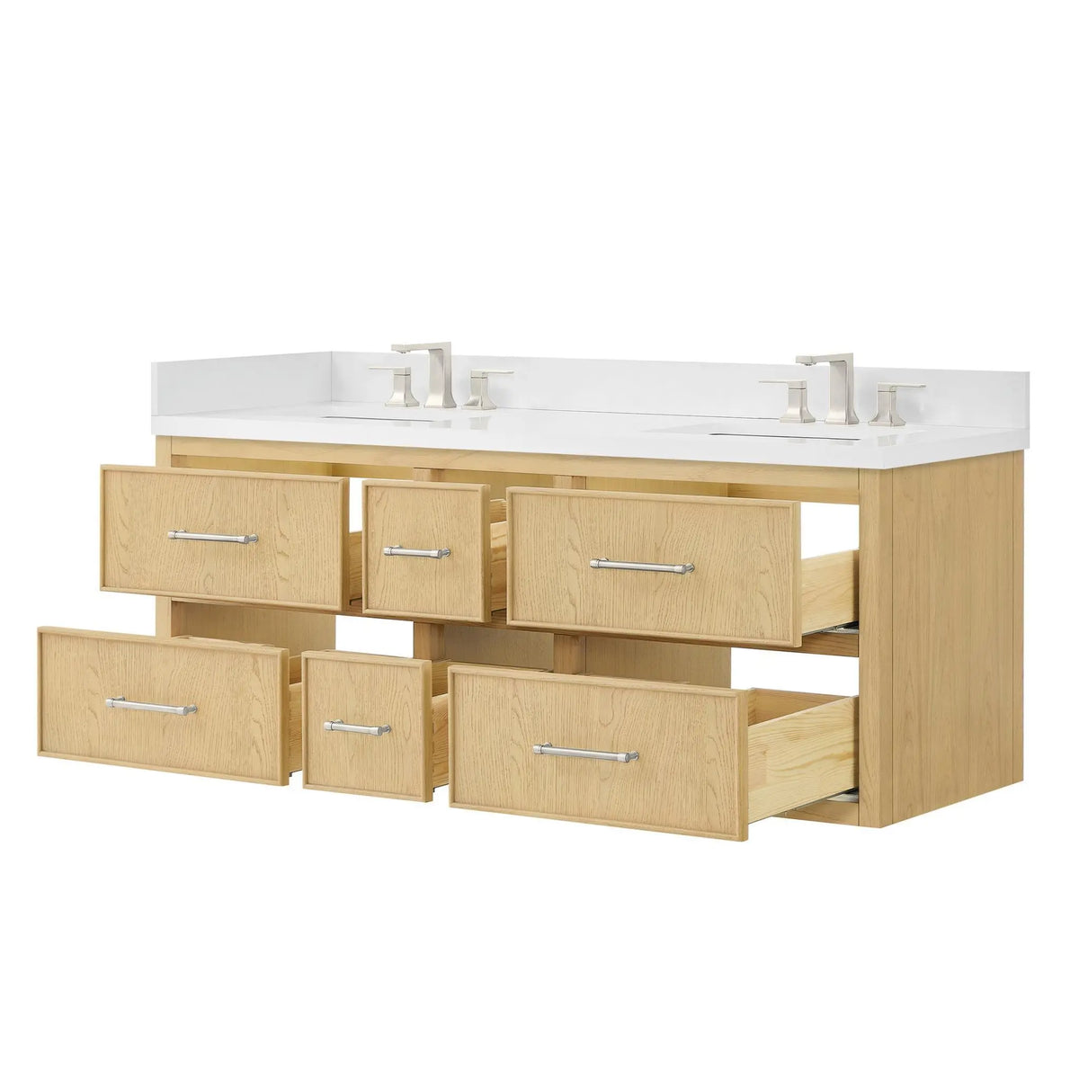 60" Isola Double Wall Mounted Bathroom Vanity Scandinavian Oak Brushed Nickel Trim by wyndham View 15