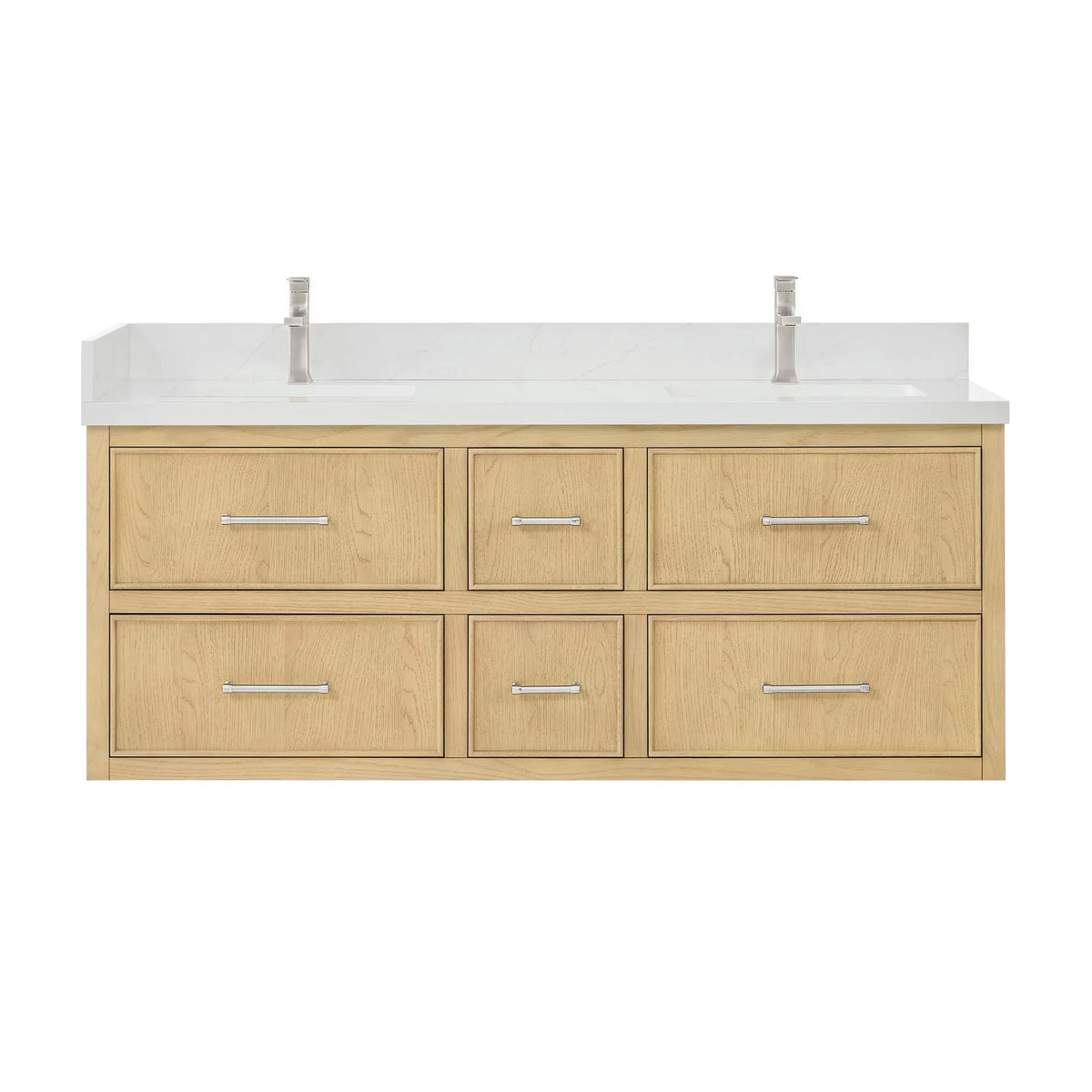 60" Isola Double Wall Mounted Bathroom Vanity Scandinavian Oak Brushed Nickel Trim by wyndham View 1