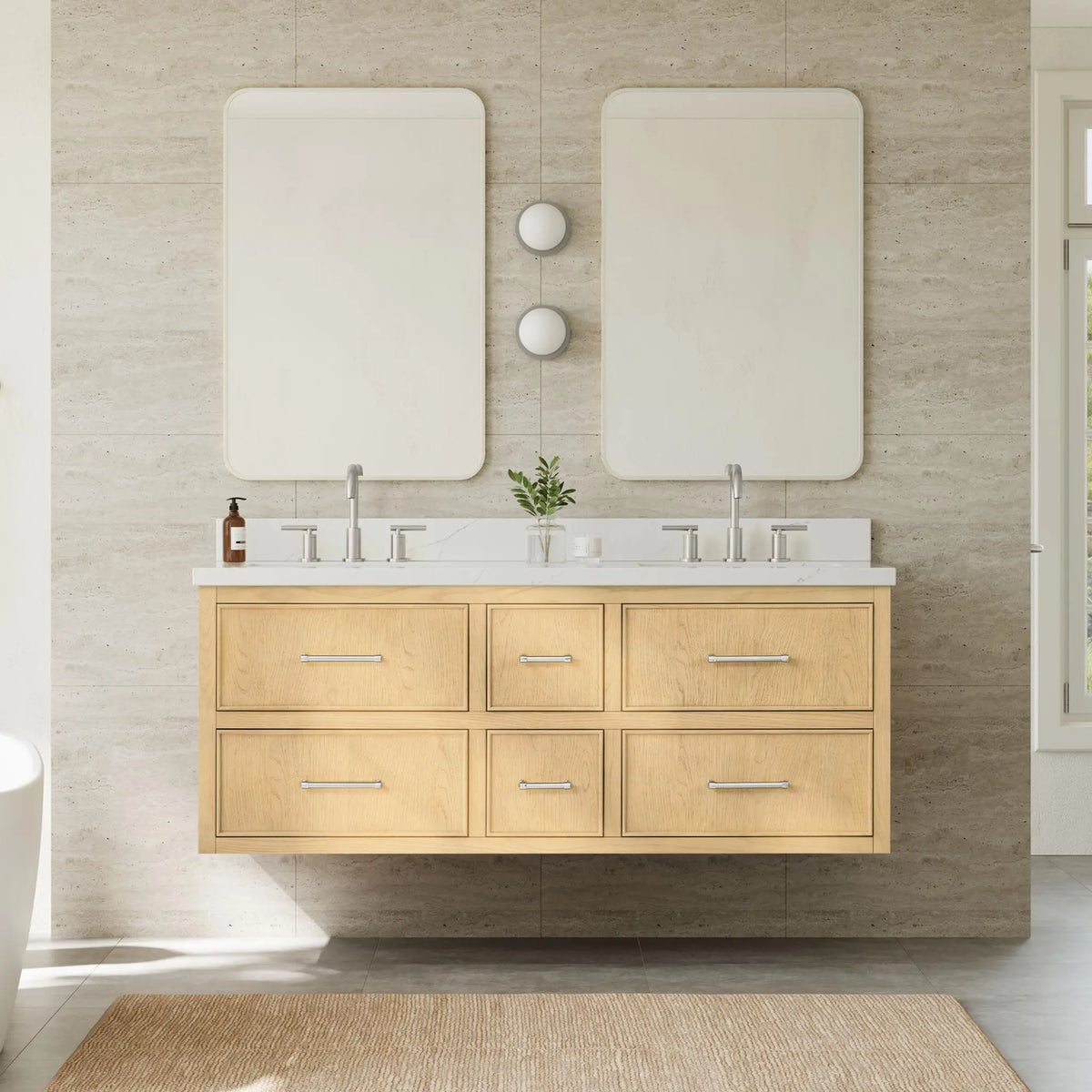 60" Isola Double Wall Mounted Bathroom Vanity Scandinavian Oak Brushed Nickel Trim by wyndham View 6