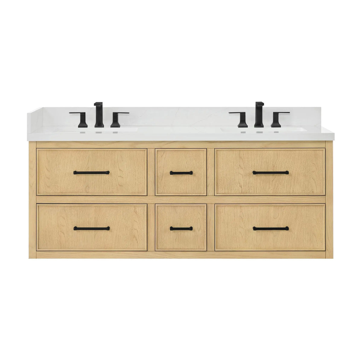 60" Isola Double Wall Mounted Bathroom Vanity Scandinavian Oak Matte Black Trim by wyndham View 5
