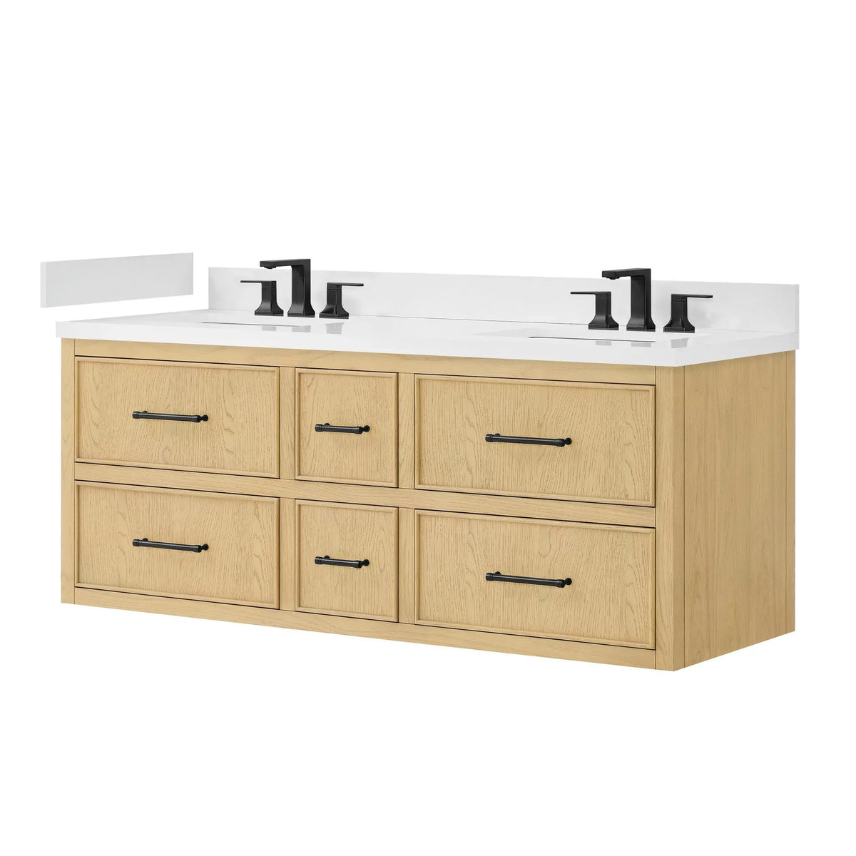60" Isola Double Wall Mounted Bathroom Vanity Scandinavian Oak Matte Black Trim by wyndham View 16