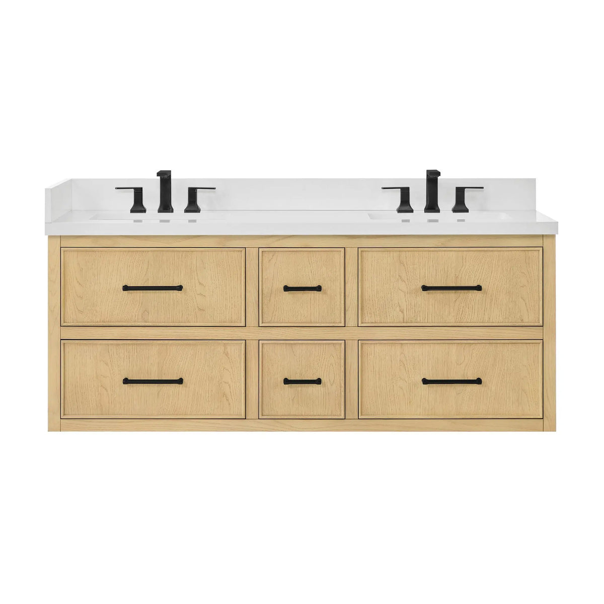 60" Isola Double Wall Mounted Bathroom Vanity Scandinavian Oak Matte Black Trim by wyndham View 13