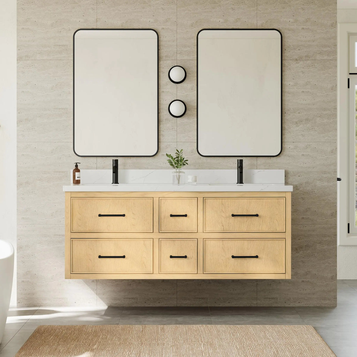60" Isola Double Wall Mounted Bathroom Vanity Scandinavian Oak Matte Black Trim by wyndham View 2