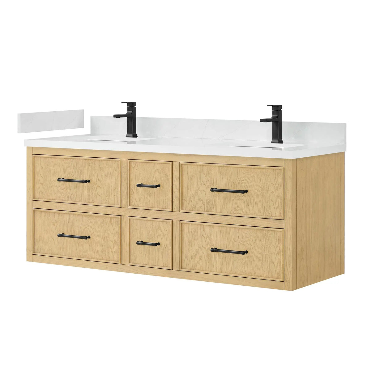 60" Isola Double Wall Mounted Bathroom Vanity Scandinavian Oak Matte Black Trim by wyndham View 4
