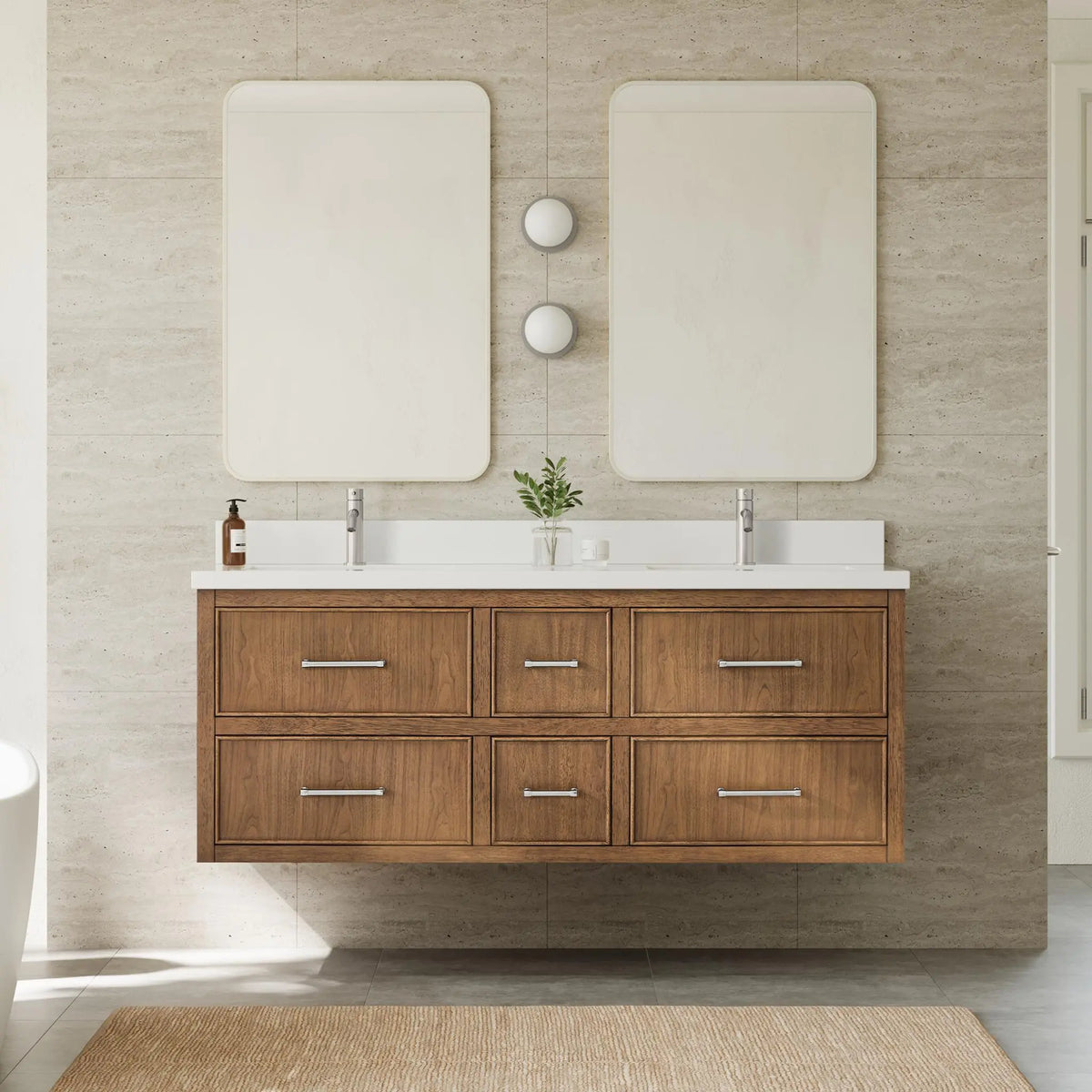 60" Isola Double Wall Mounted Bathroom Vanity Toasted Walnut Brushed Nickel Trim by wyndham View 10