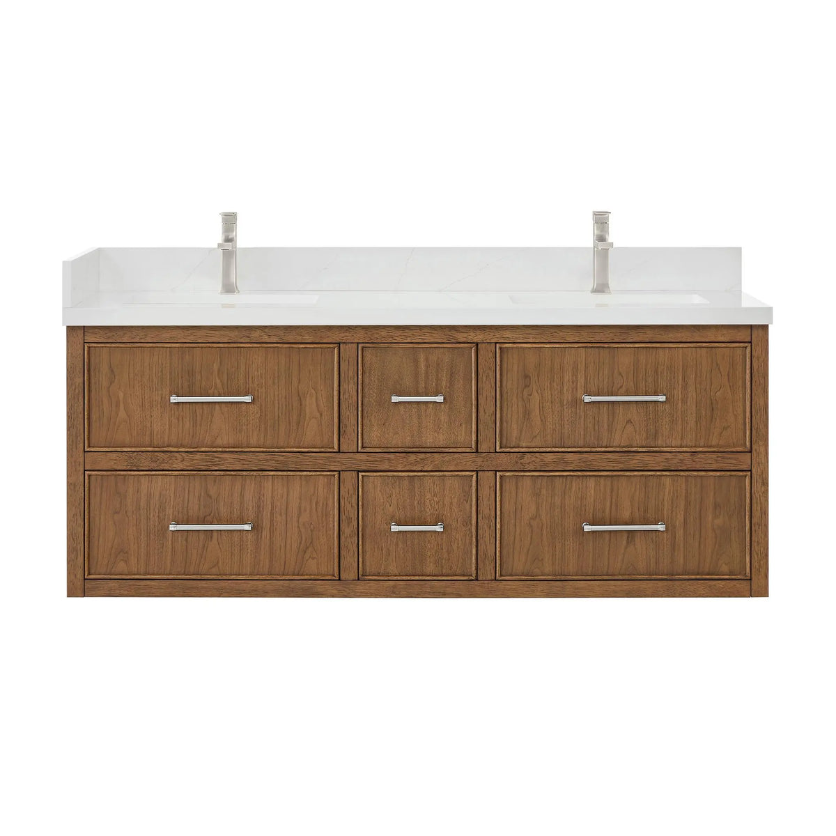 60" Isola Double Wall Mounted Bathroom Vanity Toasted Walnut Brushed Nickel Trim by wyndham View 1