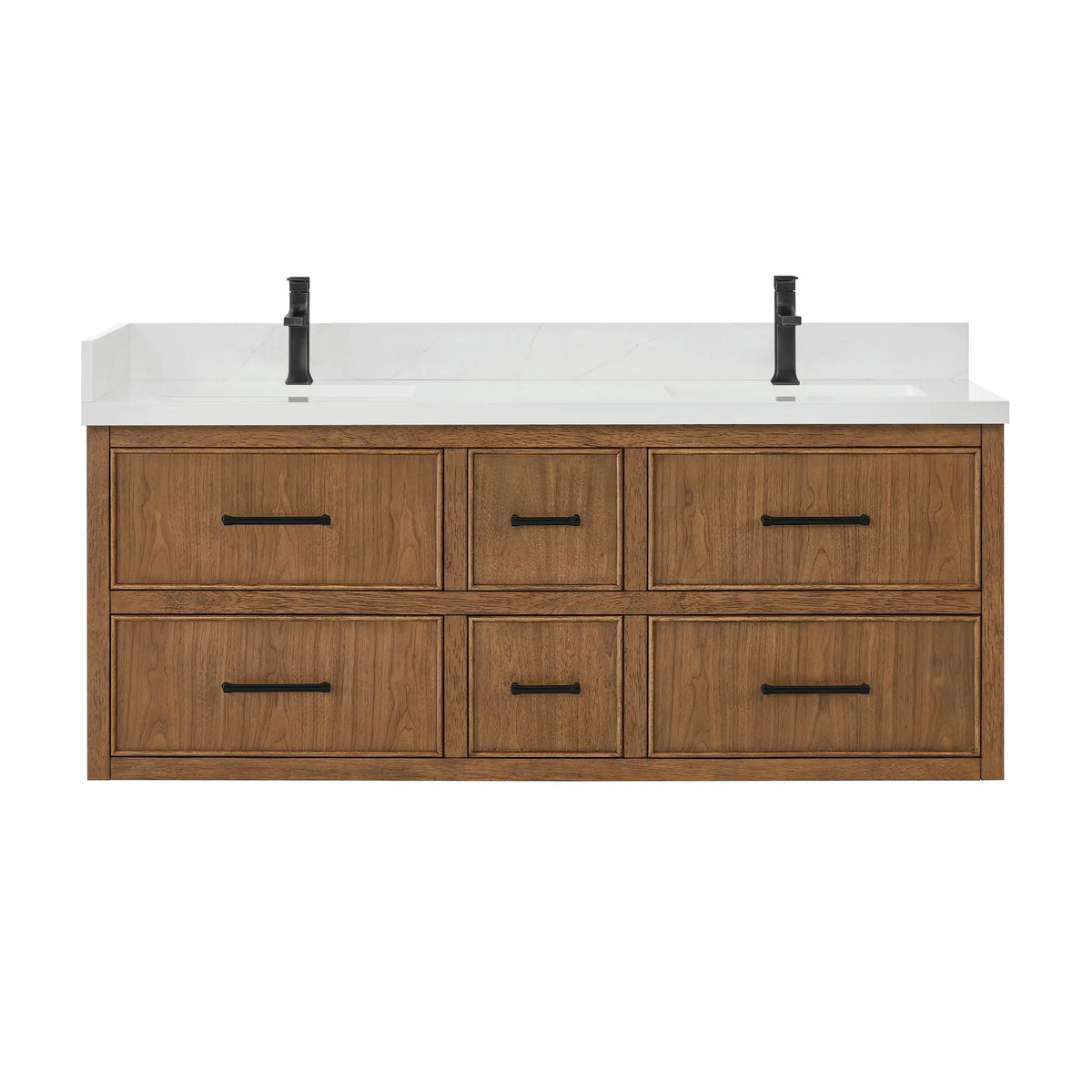 60" Isola Double Wall Mounted Bathroom Vanity Toasted Walnut Matte Black Trim by wyndham View 1