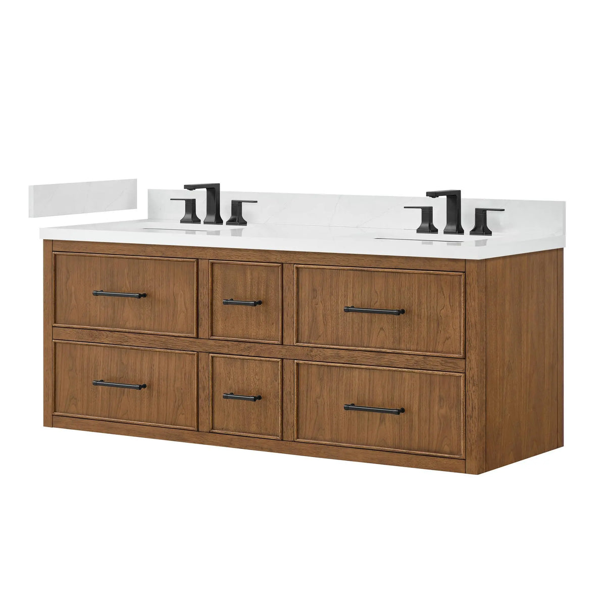 60" Isola Double Wall Mounted Bathroom Vanity Toasted Walnut Matte Black Trim by wyndham View 8