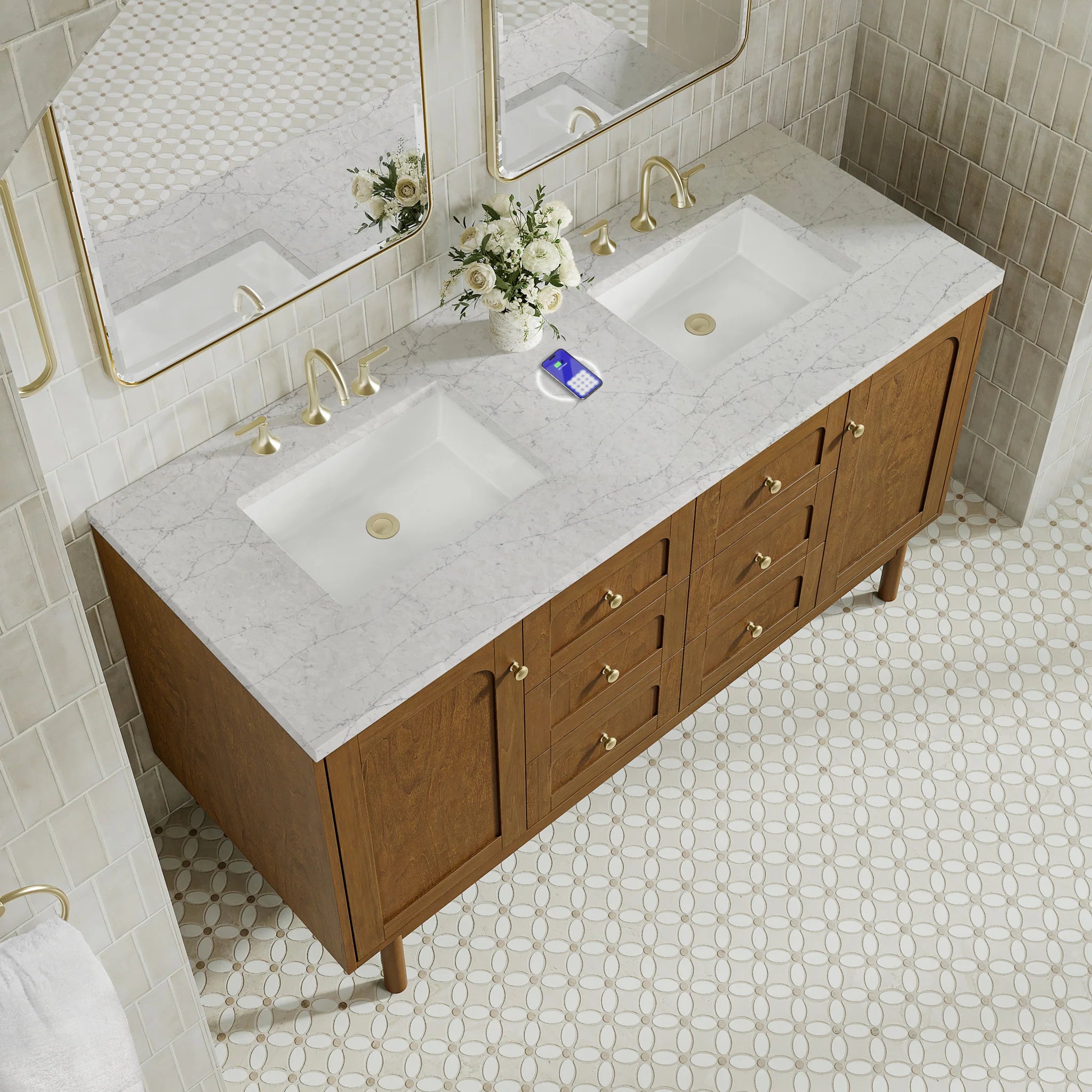 60" Laurent Double Vanity in Honey Oak w/FreePower Wireless Charger by James Martin Vanities-Eternal Jasmine Pearl Silestone 8