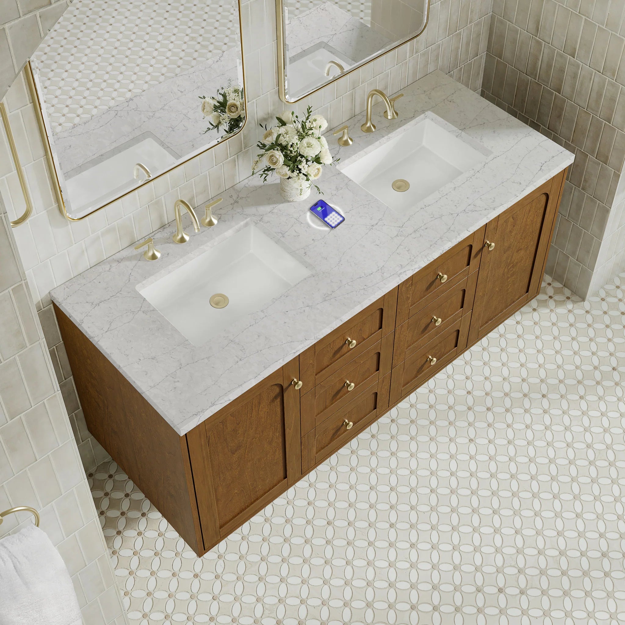 60" Laurent Double Vanity in Honey Oak w/FreePower Wireless Charger by James Martin Vanities-Eternal Jasmine Pearl Silestone 9
