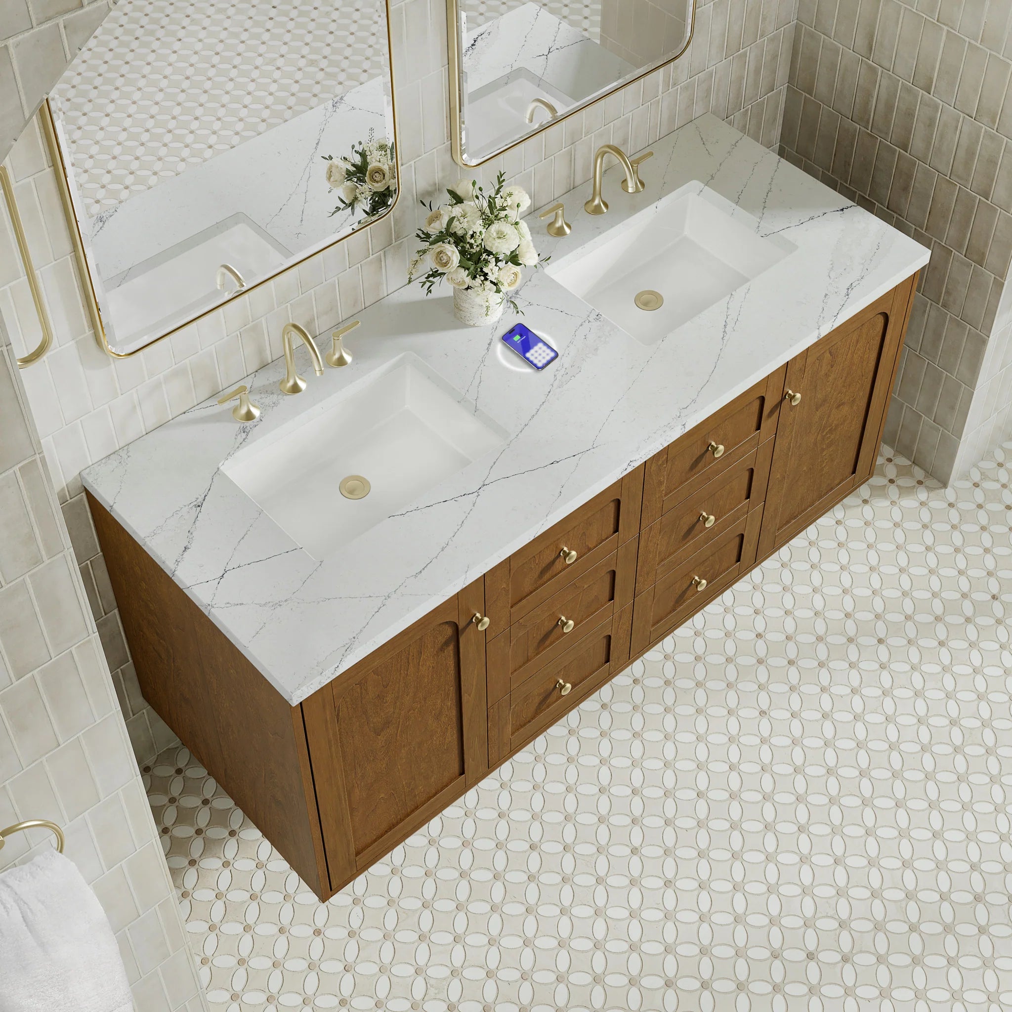 60" Laurent Double Vanity in Honey Oak w/FreePower Wireless Charger by James Martin Vanities-Ethereal Noctis Silestone 9