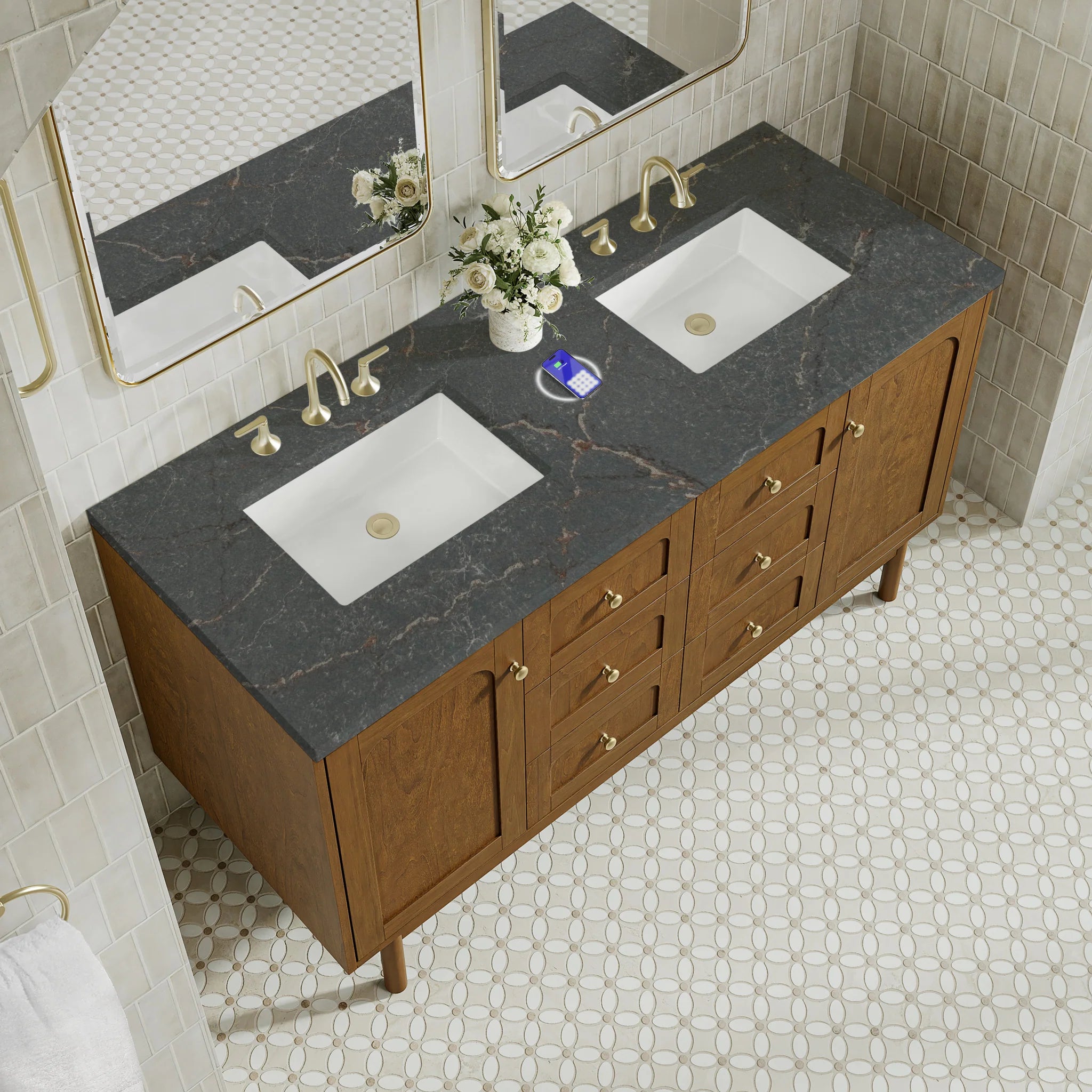 60" Laurent Double Vanity in Honey Oak w/FreePower Wireless Charger by James Martin Vanities-Parisien Bleu Silestone 8