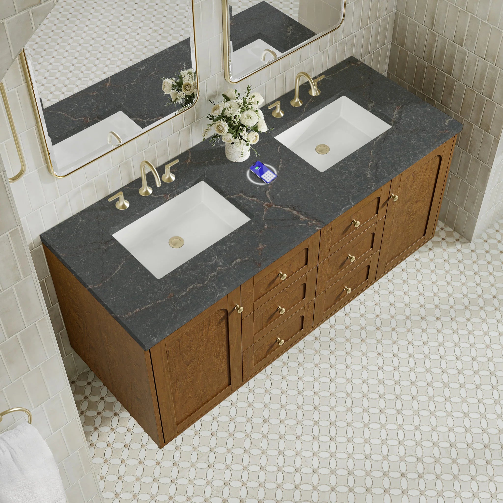 60" Laurent Double Vanity in Honey Oak w/FreePower Wireless Charger by James Martin Vanities-Parisien Bleu Silestone 9