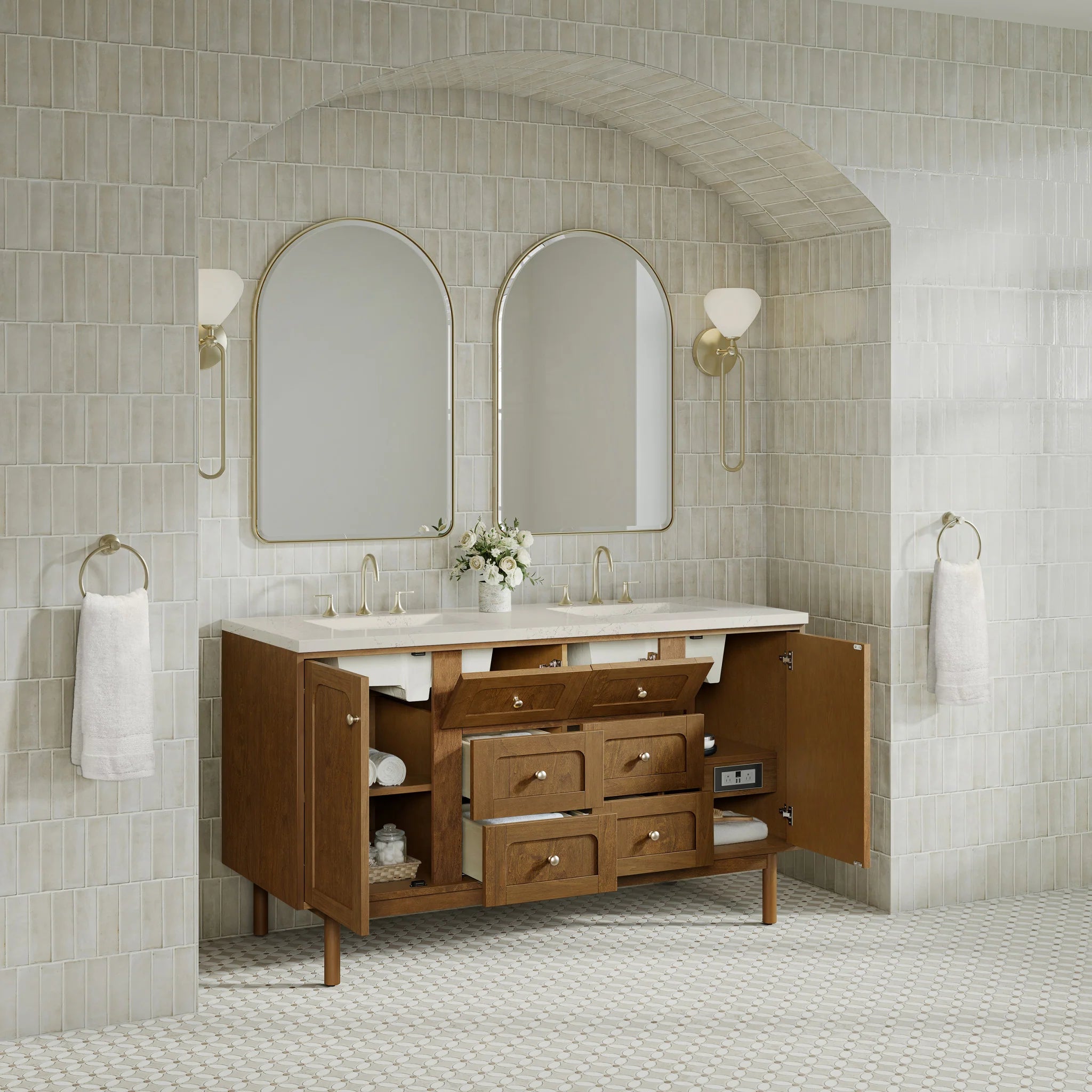 60" Laurent Double Vanity in Honey Oak w/FreePower Wireless Charger by James Martin Vanities-Siberian Silestone 6