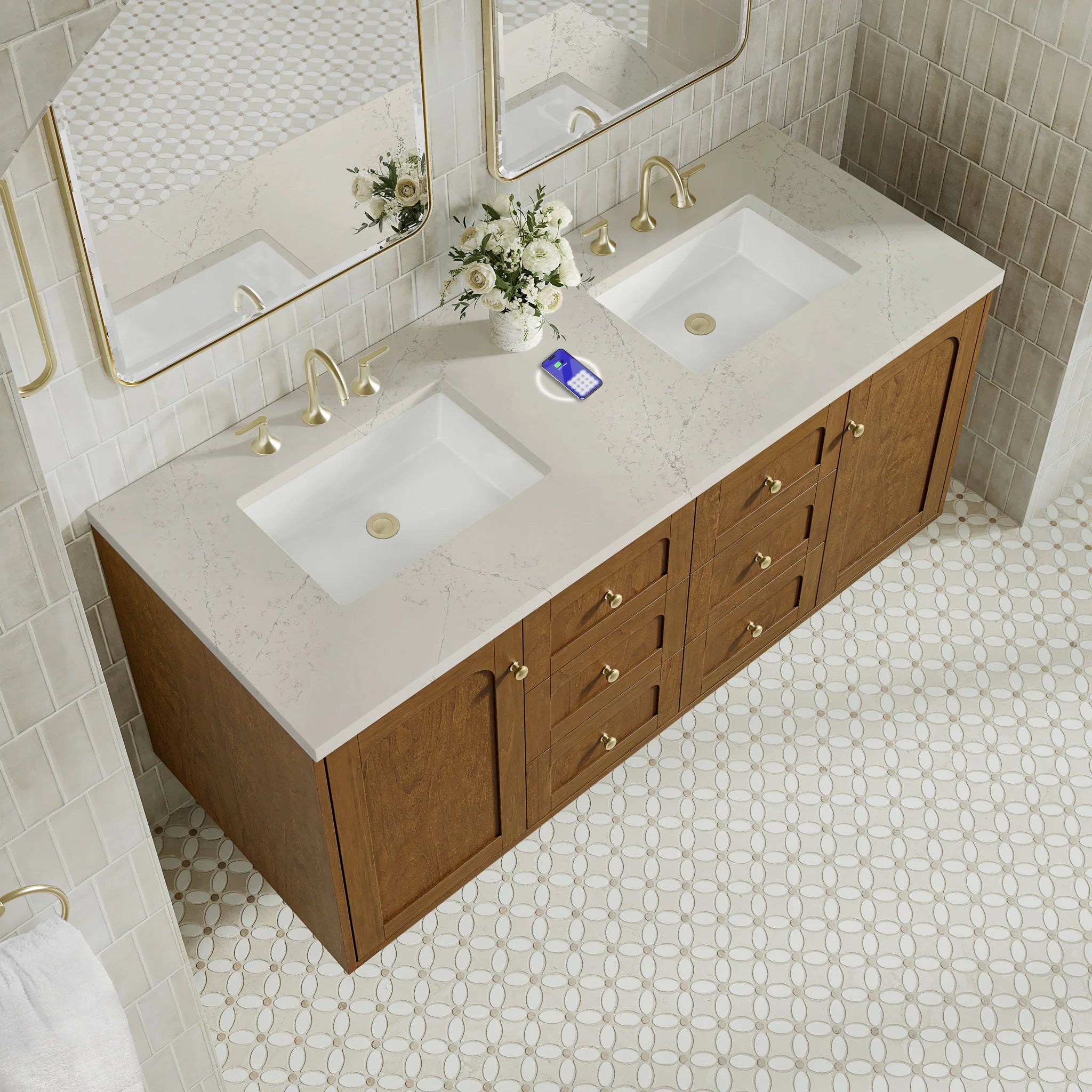 60" Laurent Double Vanity in Honey Oak w/FreePower Wireless Charger by James Martin Vanities-Siberian Silestone 9