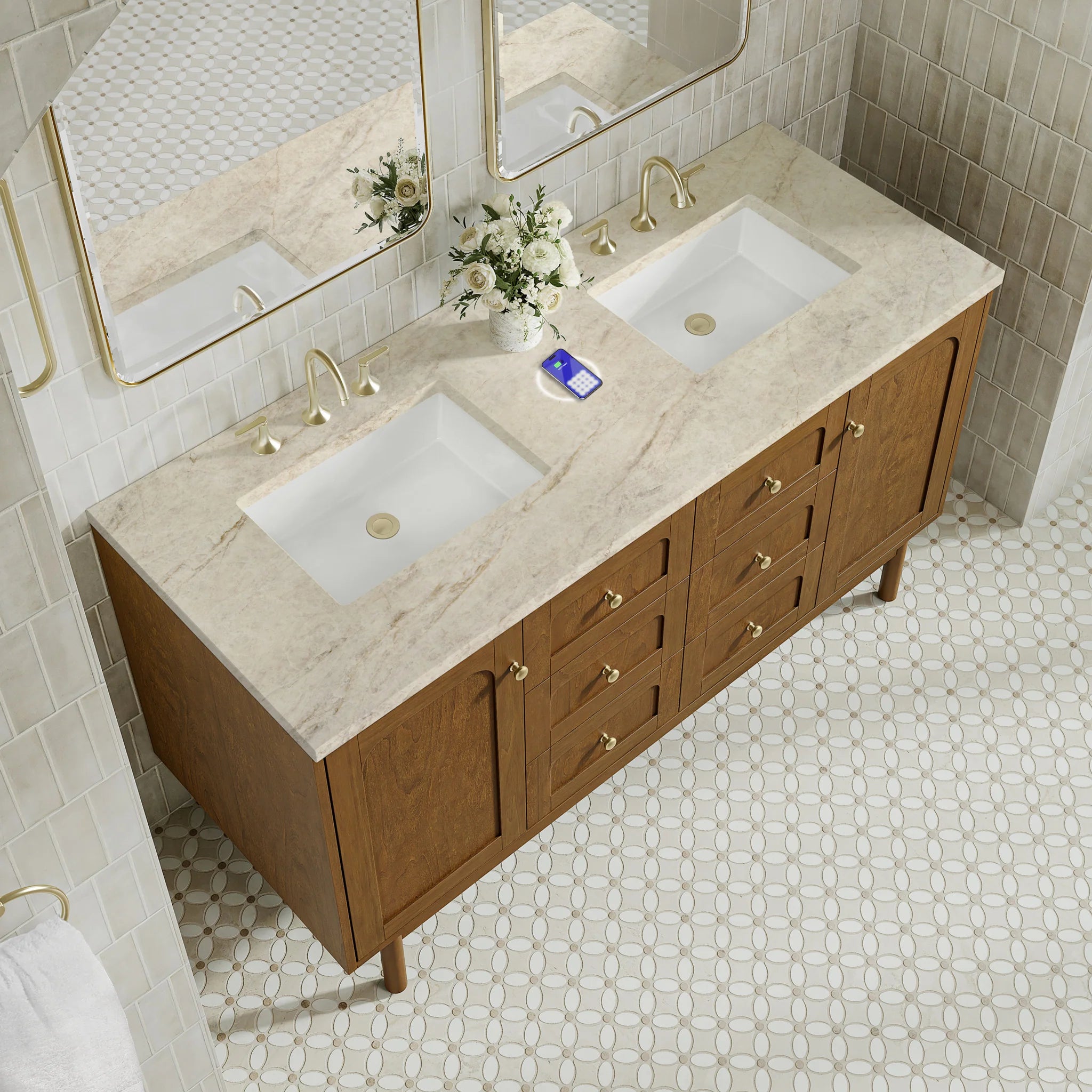 60" Laurent Double Vanity in Honey Oak w/FreePower Wireless Charger by James Martin Vanities-Tajnar Eclos 8