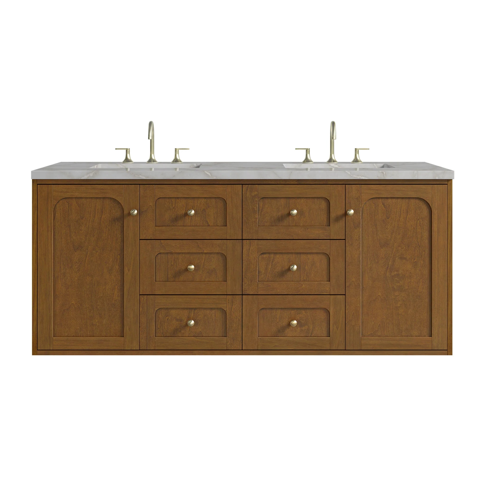 60" Laurent Double Vanity in Honey Oak w/FreePower Wireless Charger by James Martin Vanities-Victorian Silver Silestone 1