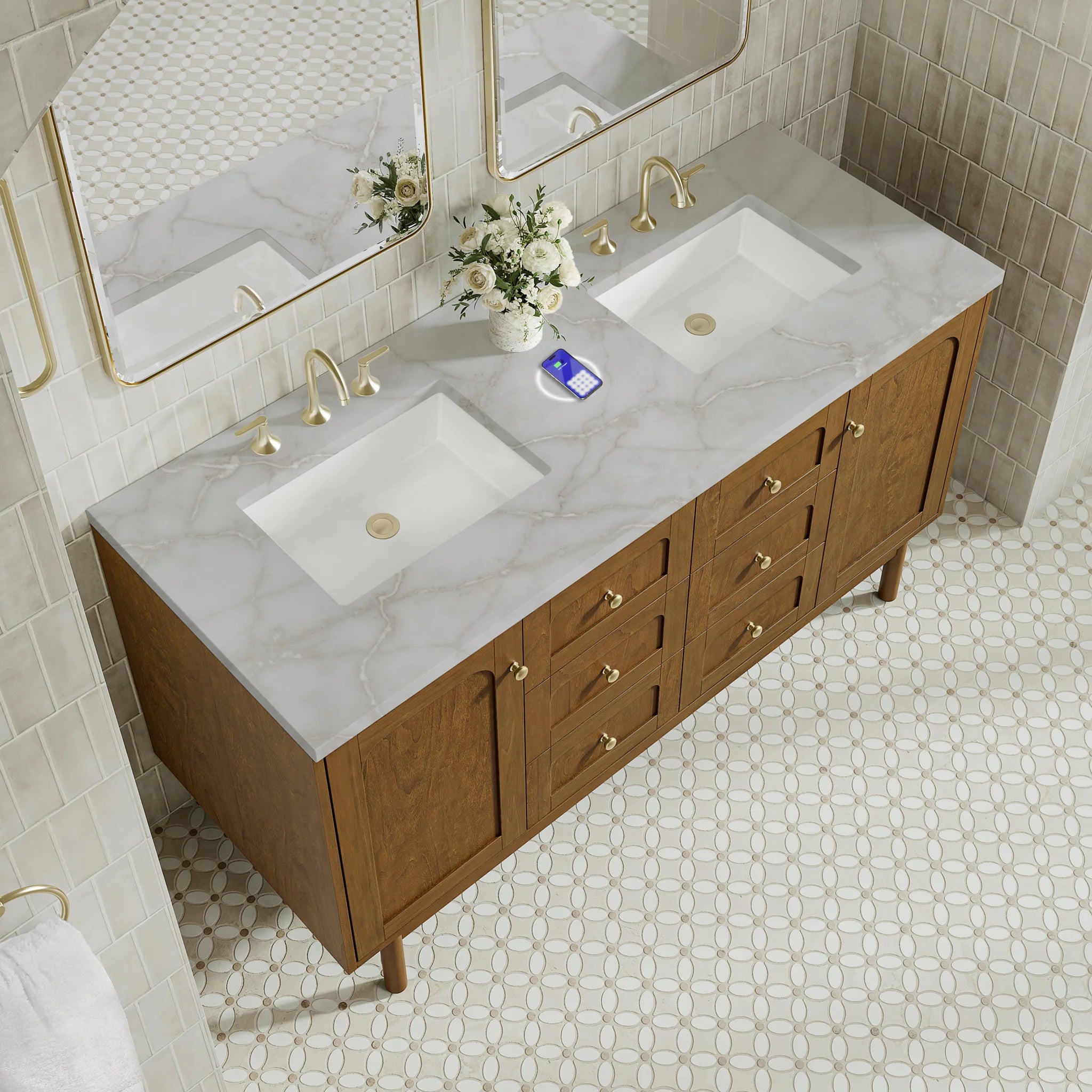 60" Laurent Double Vanity in Honey Oak w/FreePower Wireless Charger by James Martin Vanities-Victorian Silver Silestone 8