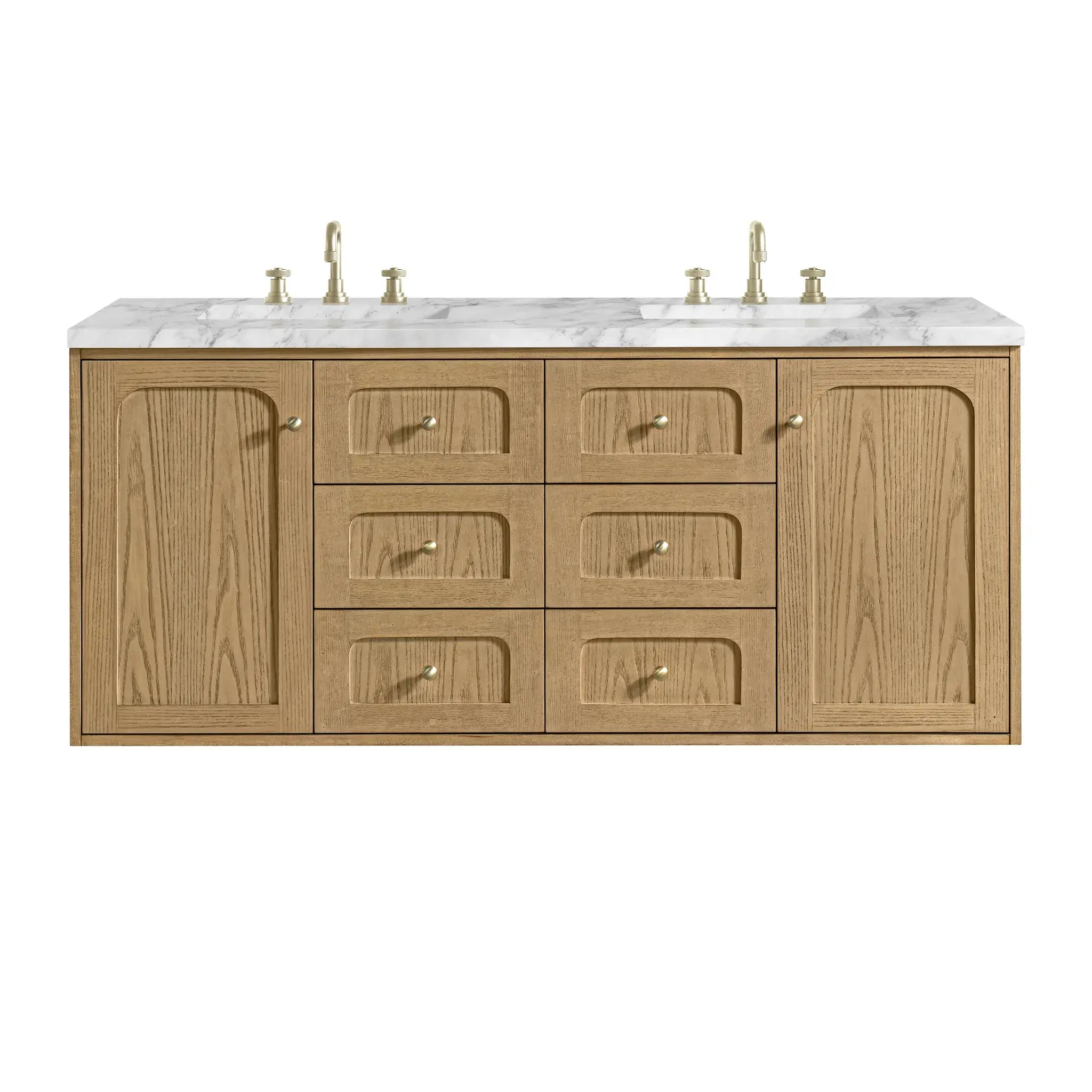 60" Laurent Double Vanity in Light Natural Oak-Carrara White Marble-8" Widespread image 1