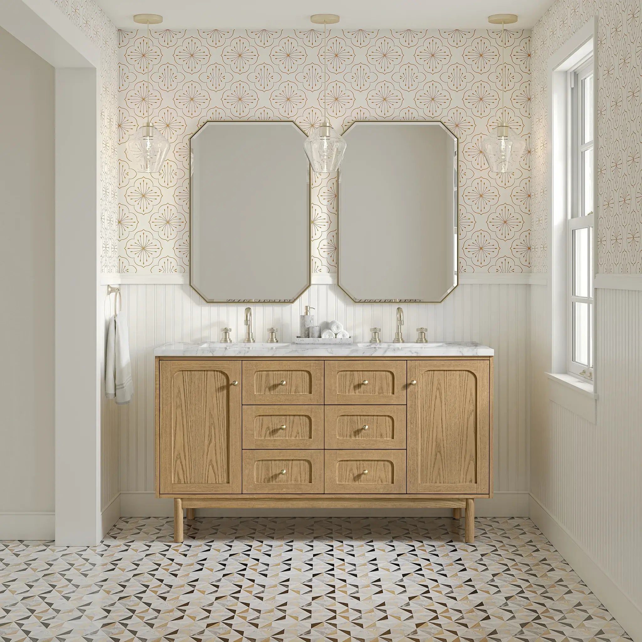 60" Laurent Double Vanity in Light Natural Oak-Carrara White Marble-8" Widespread image 3