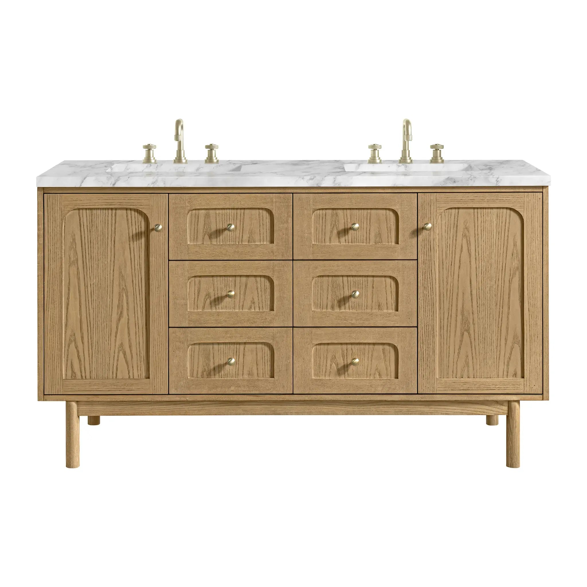 60" Laurent Double Vanity in Light Natural Oak-Carrara White Marble-8" Widespread image