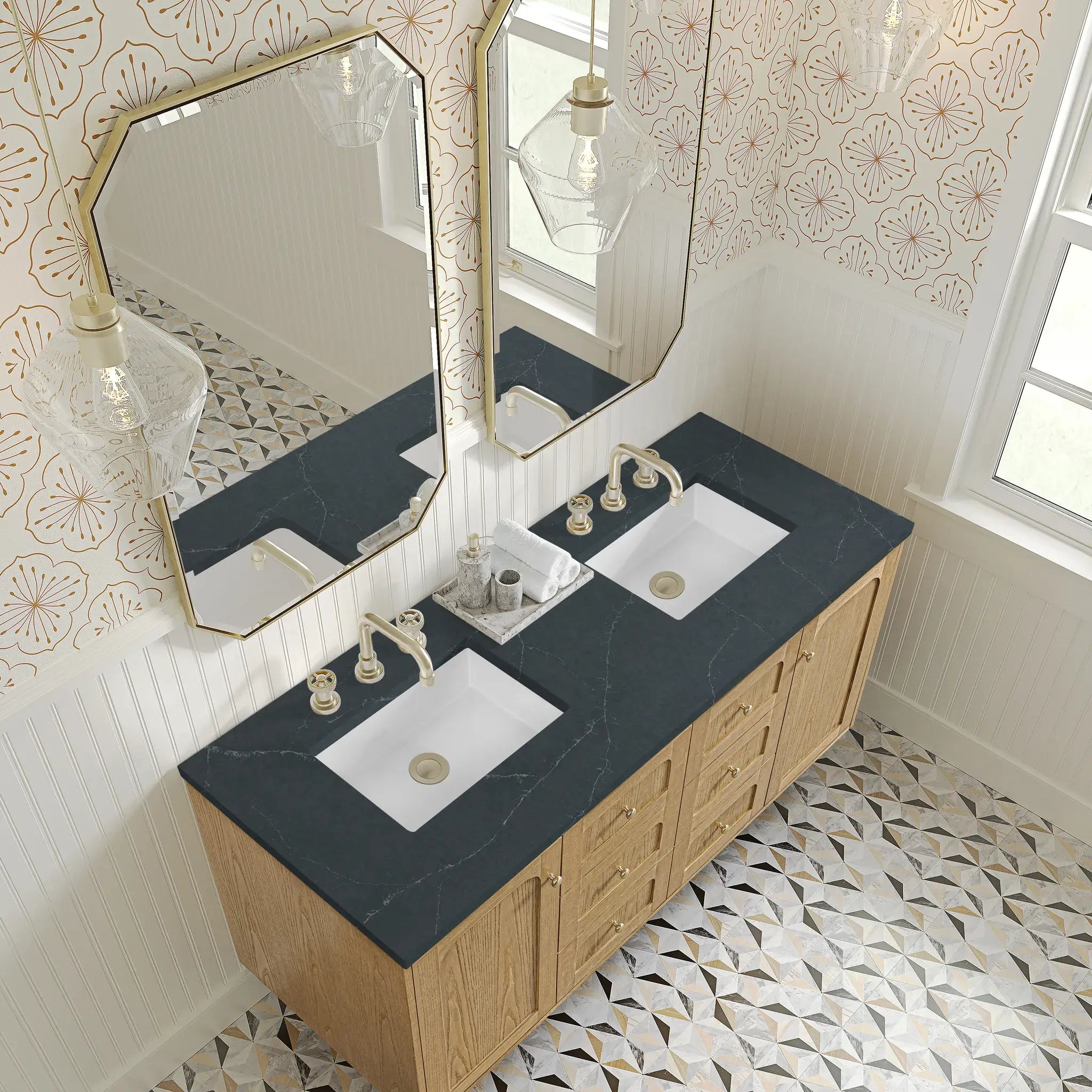 60" Laurent Double Vanity in Light Natural Oak-Charcoal Soapstone Silestone-8" Widespread image 11