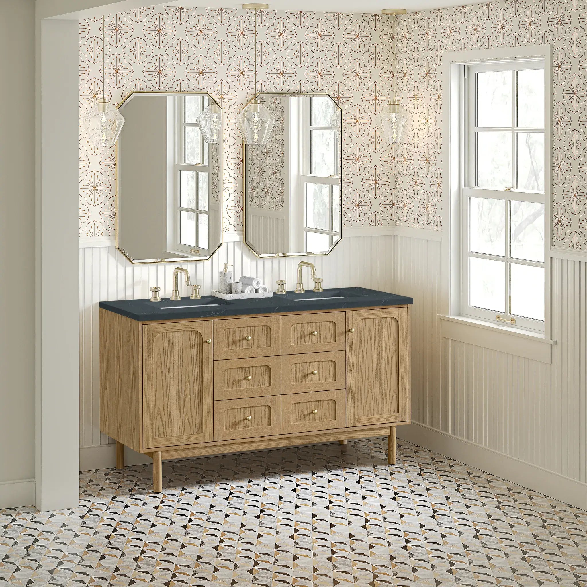 60" Laurent Double Vanity in Light Natural Oak-Charcoal Soapstone Silestone-8" Widespread image 5