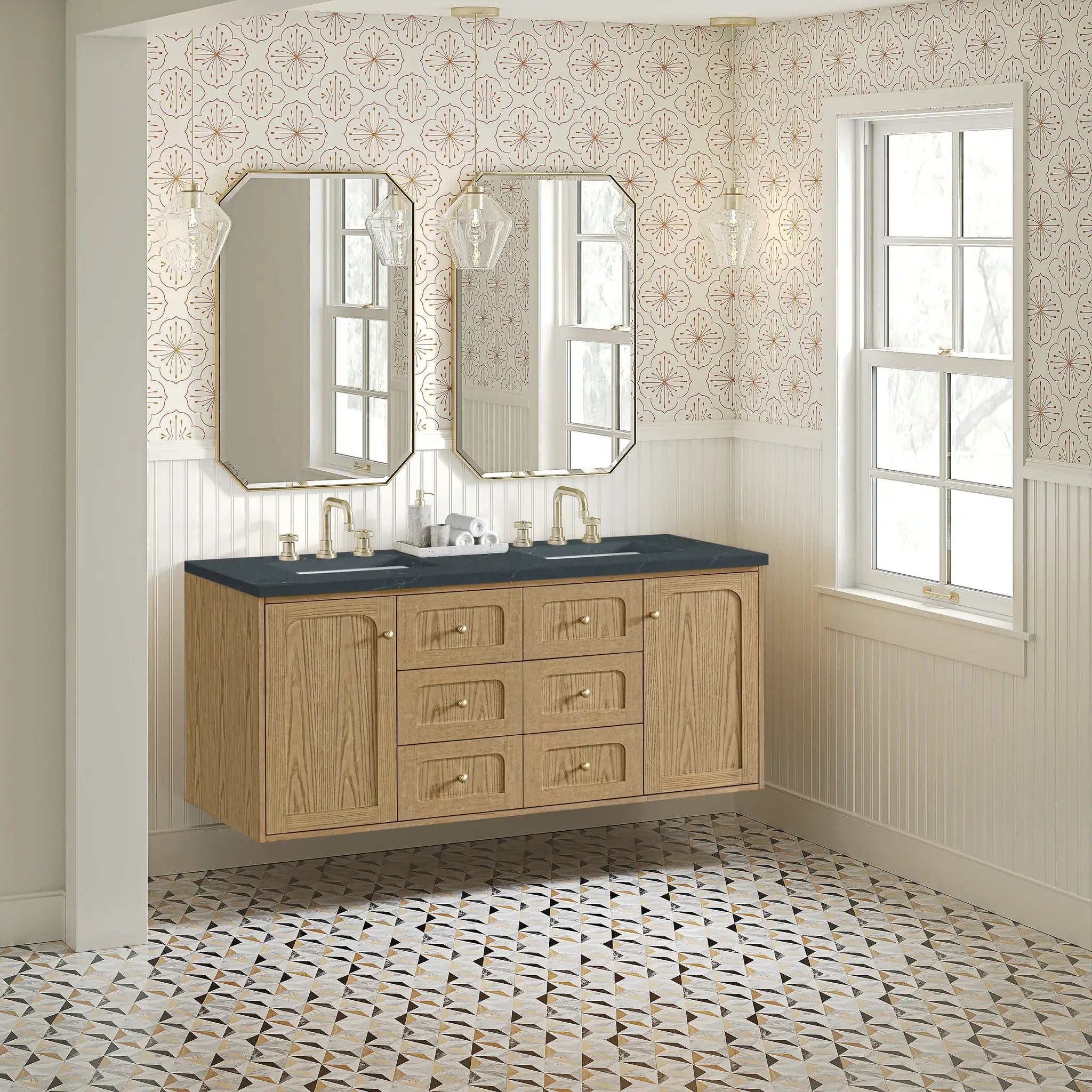60" Laurent Double Vanity in Light Natural Oak-Charcoal Soapstone Silestone-8" Widespread image 6