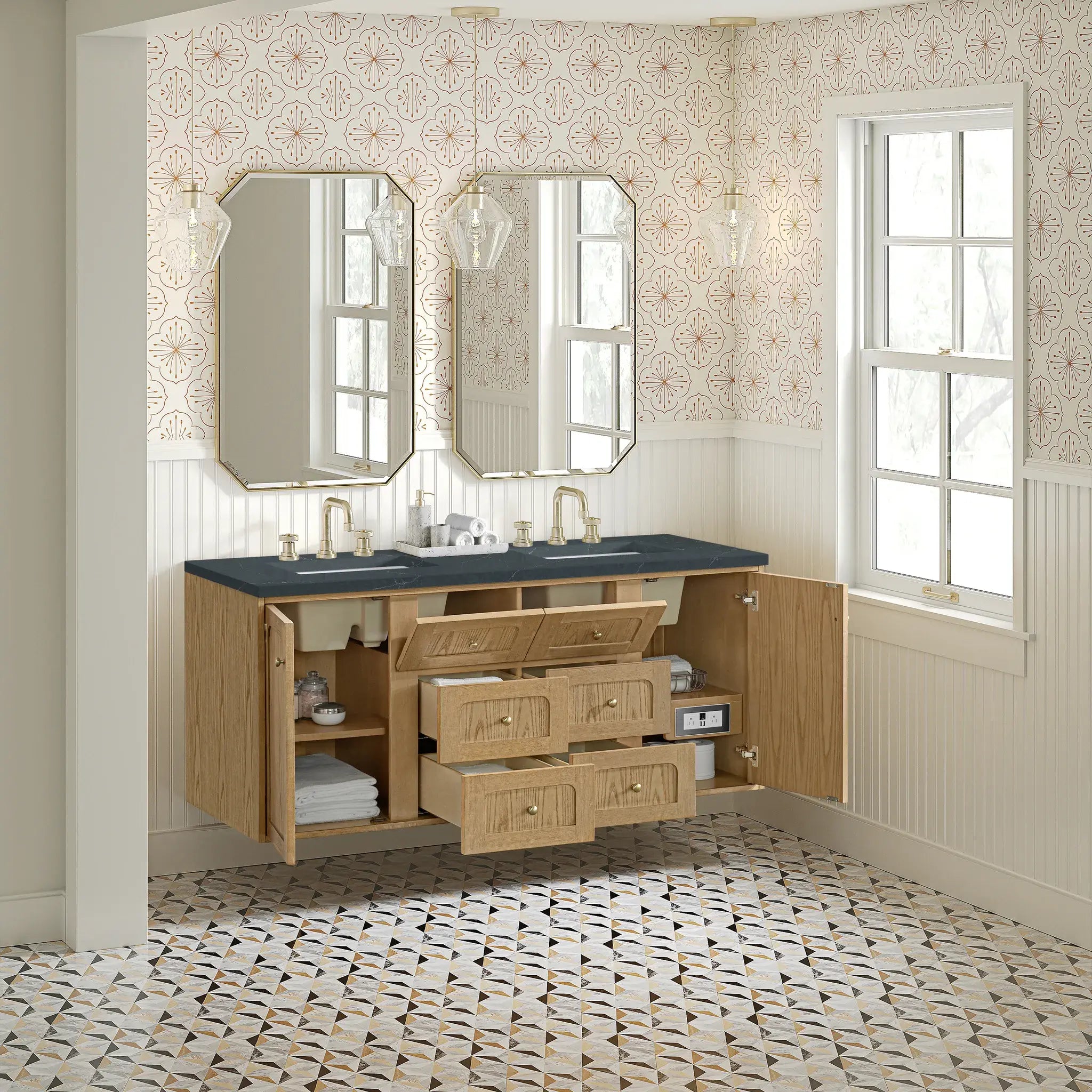 60" Laurent Double Vanity in Light Natural Oak-Charcoal Soapstone Silestone-8" Widespread image 8