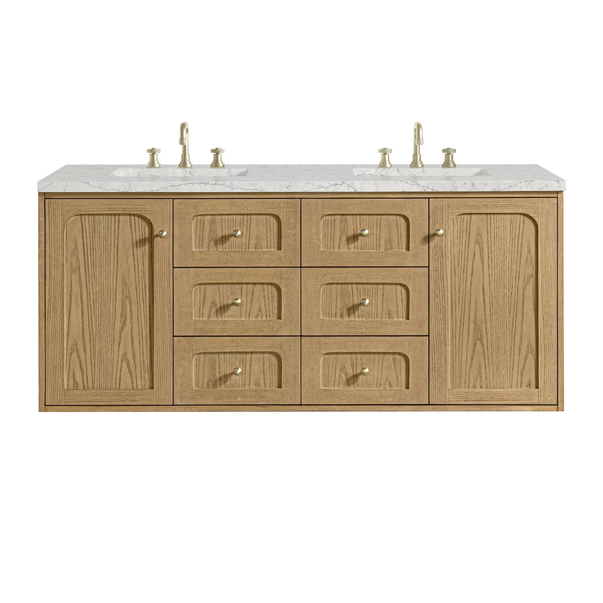 60" Laurent Double Vanity in Light Natural Oak-Eternal Jasmine Pearl Silestone-8" Widespread image 1