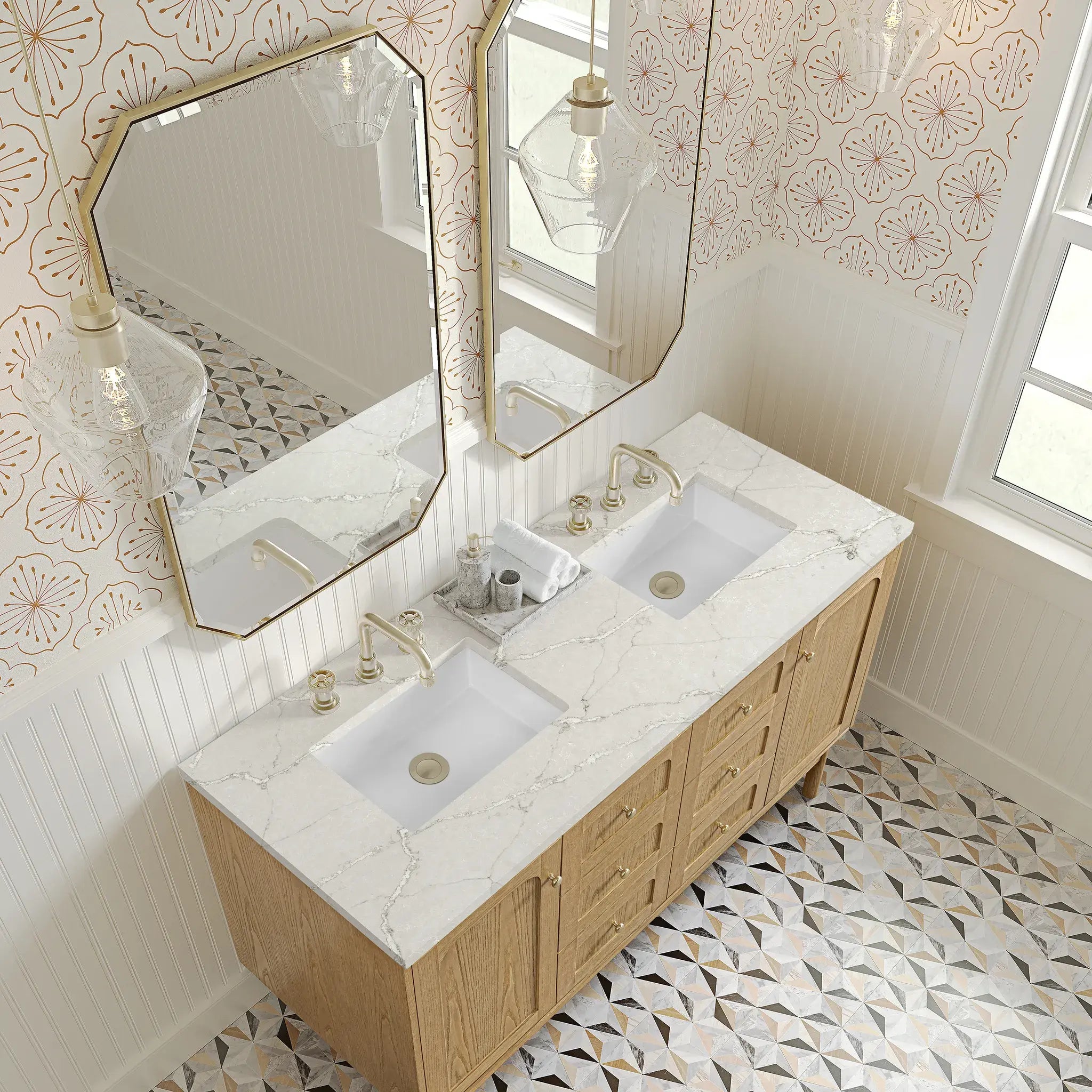 60" Laurent Double Vanity in Light Natural Oak-Victorian Silver Silestone-8" Widespread image 10