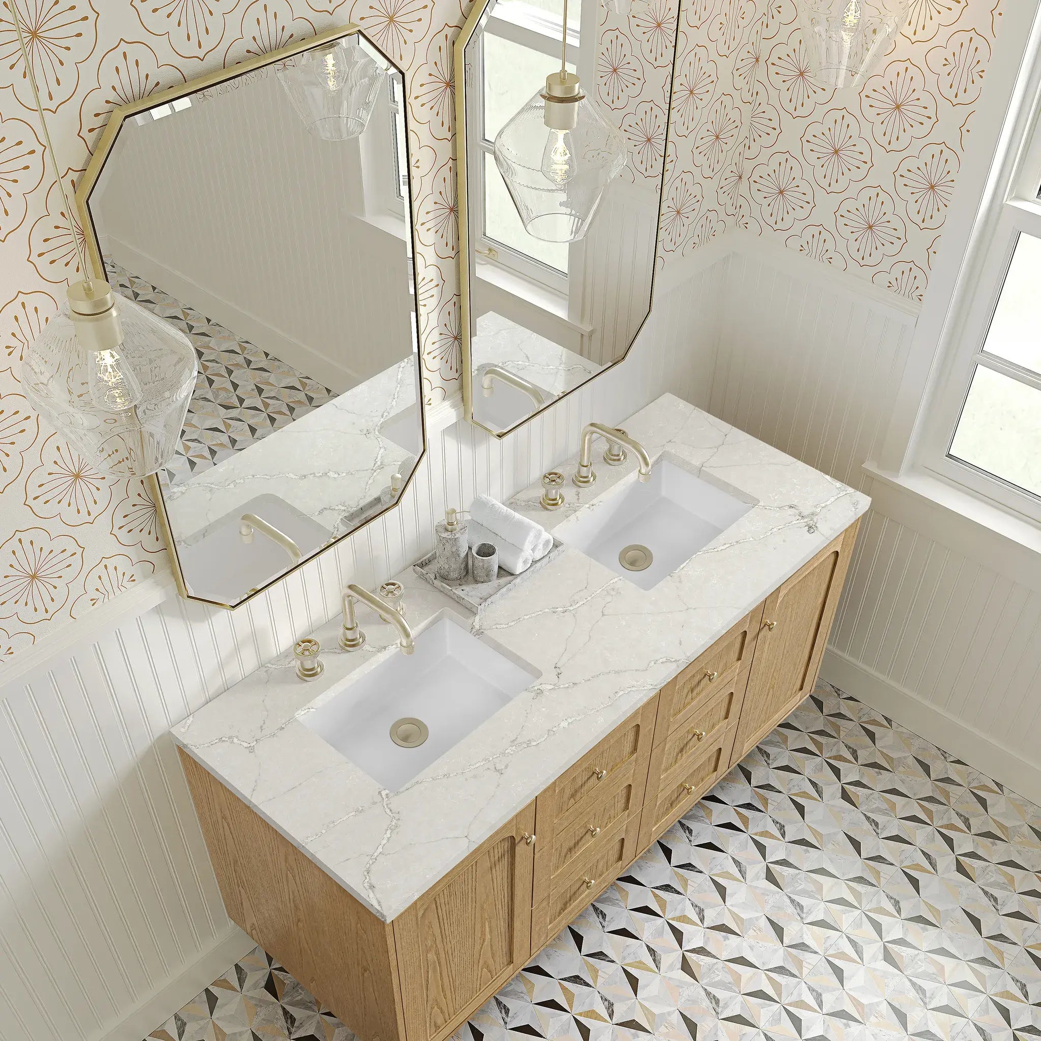 60" Laurent Double Vanity in Light Natural Oak-Victorian Silver Silestone-8" Widespread image 11