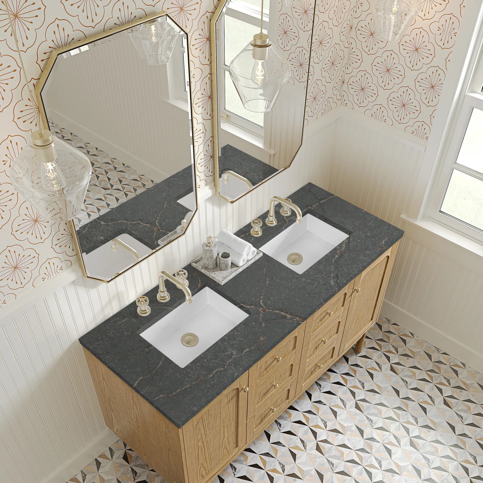 60" Laurent Double Vanity in Light Natural Oak w/FreePower Wireless Charger-Parisien Bleu Silestone-8" Widespread image 13