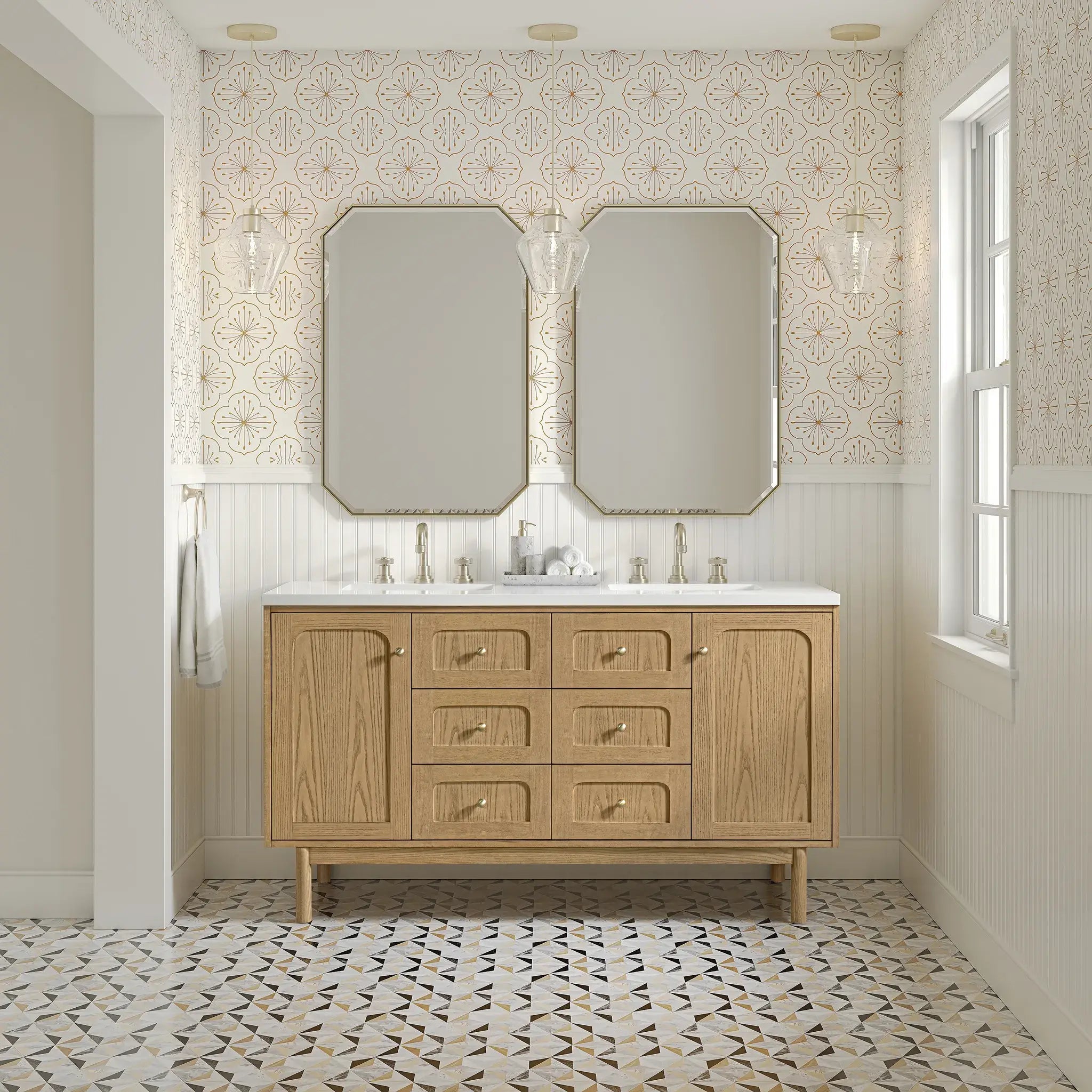 60" Laurent Double Vanity in Light Natural Oak-White Zeus Silestone-8" Widespread image 3