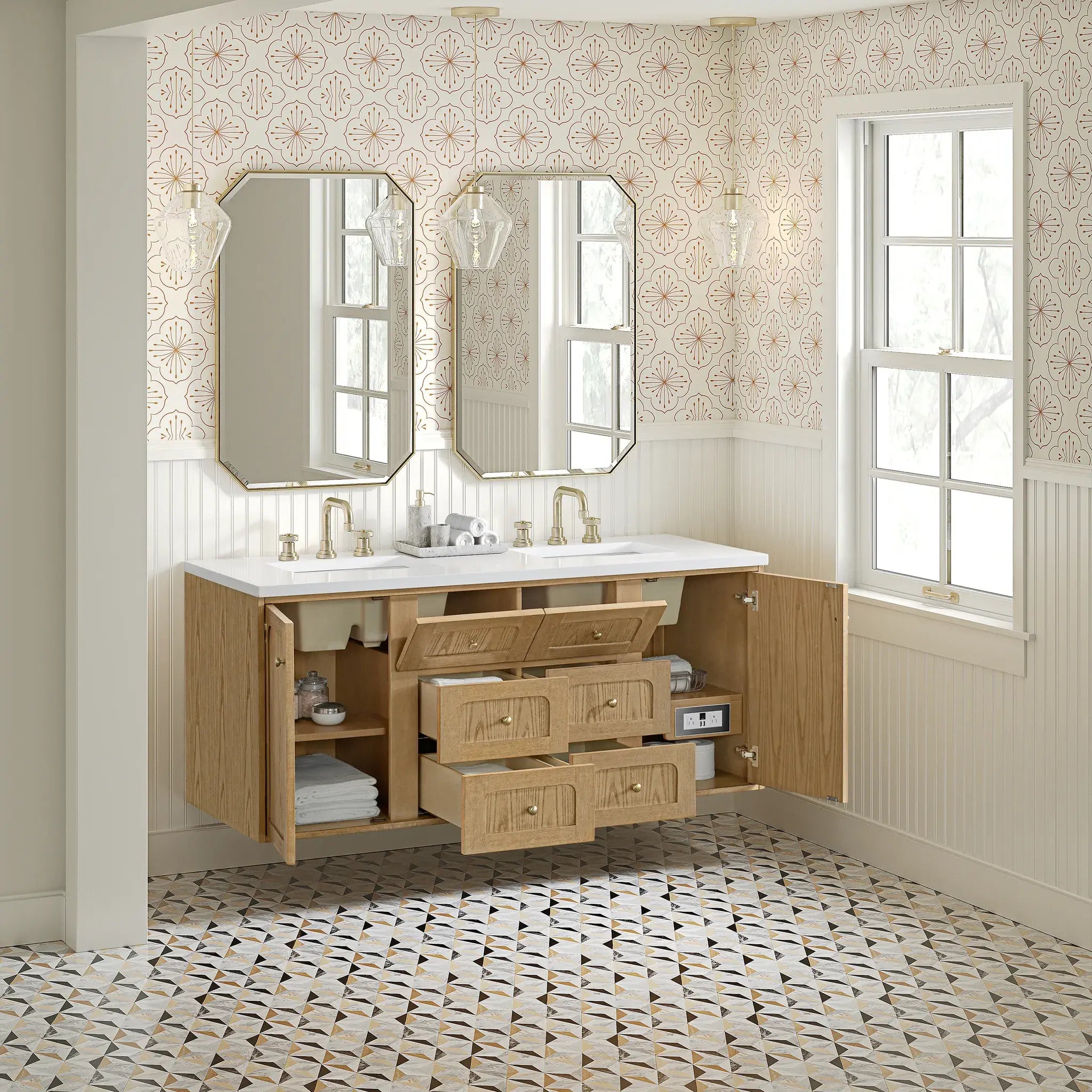 60" Laurent Double Vanity in Light Natural Oak-White Zeus Silestone-8" Widespread image 8