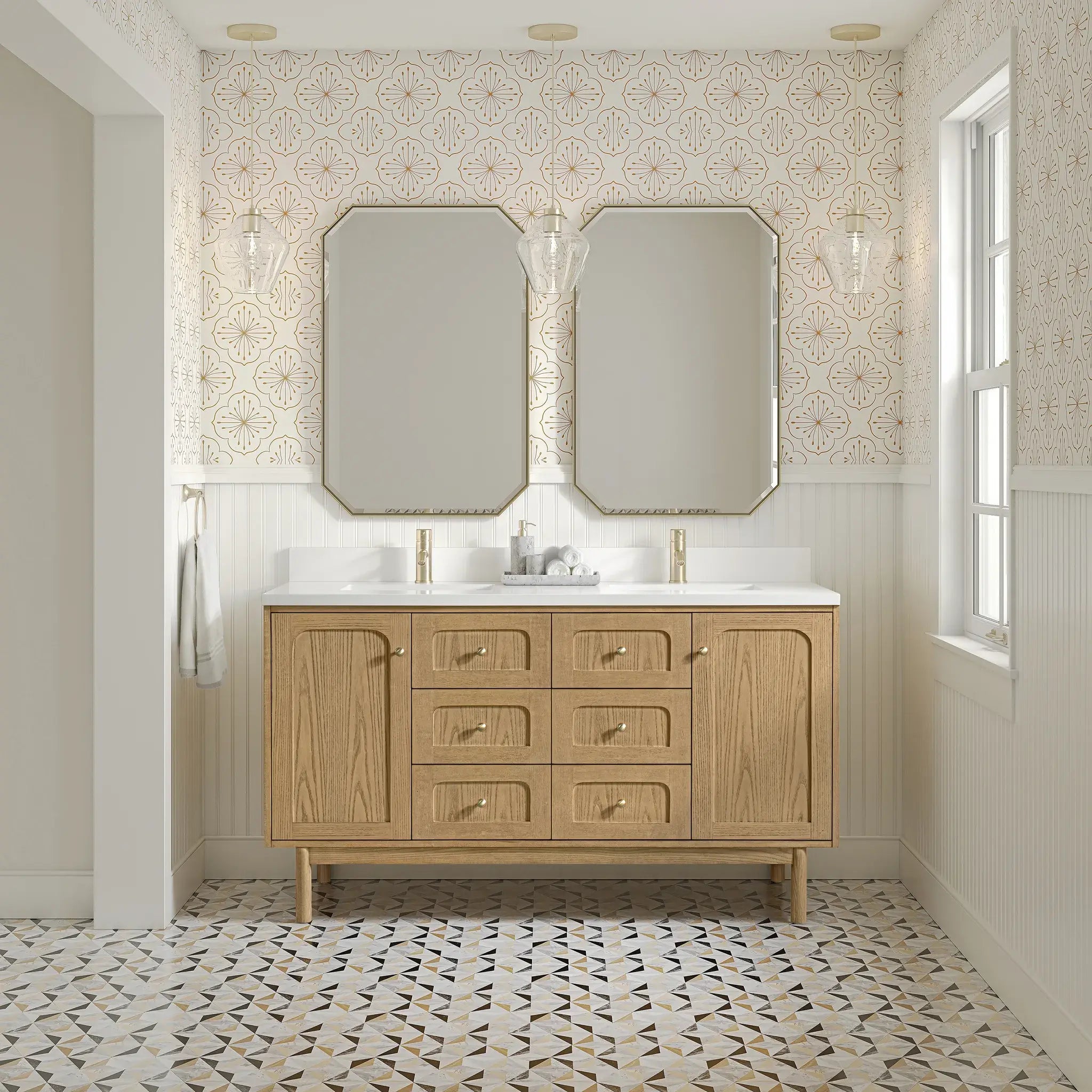 60" Laurent Double Vanity in Light Natural Oak-White Zeus Silestone & Backsplash-Single Hole image 3