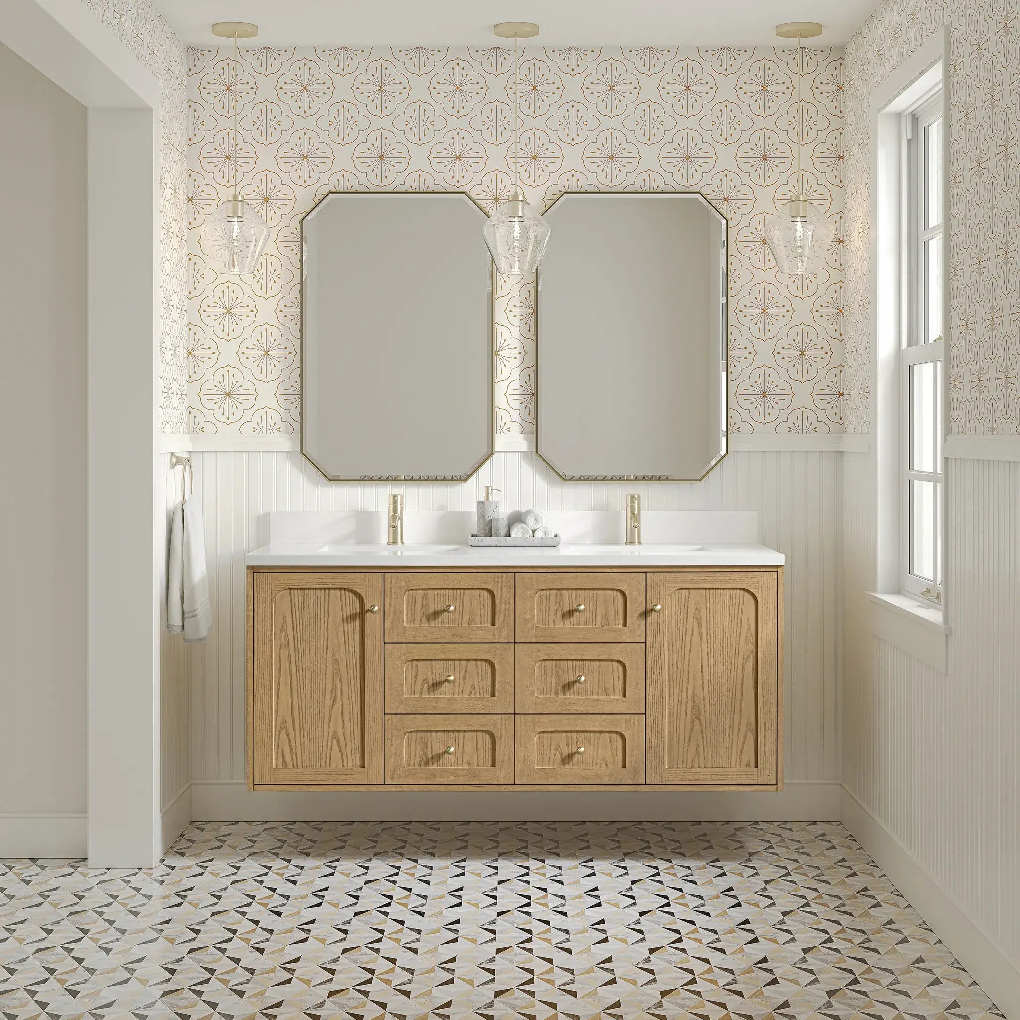 60" Laurent Double Vanity in Light Natural Oak-White Zeus Silestone & Backsplash-Single Hole image 4