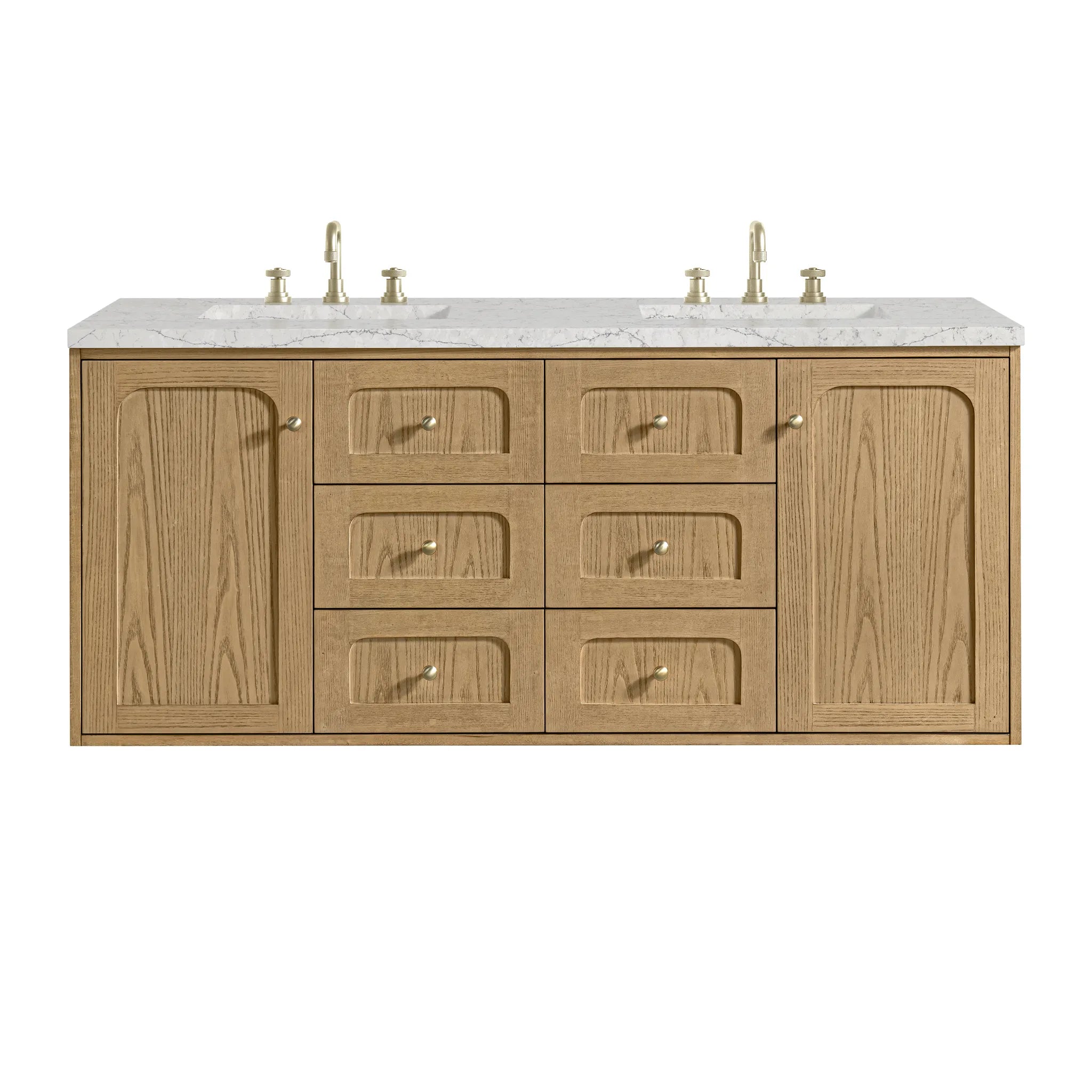 60" Laurent Double Vanity in Light Natural Oak Wireless Charger-Eternal Jasmine Pearl Silestone-8" Widespread image 1