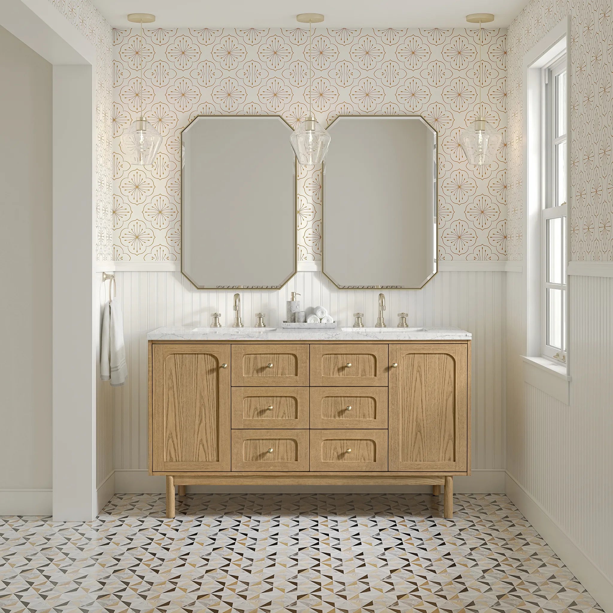 60" Laurent Double Vanity in Light Natural Oak Wireless Charger-Eternal Jasmine Pearl Silestone-8" Widespread image 6