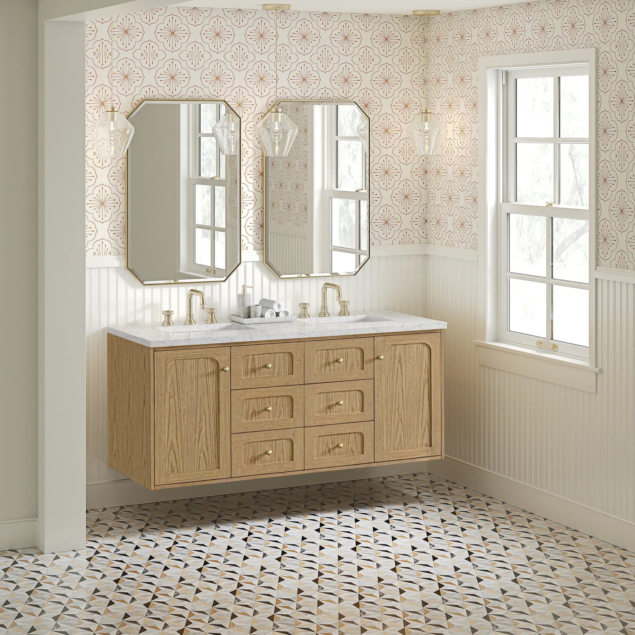 60" Laurent Double Vanity in Light Natural Oak Wireless Charger-Eternal Jasmine Pearl Silestone-8" Widespread image 9