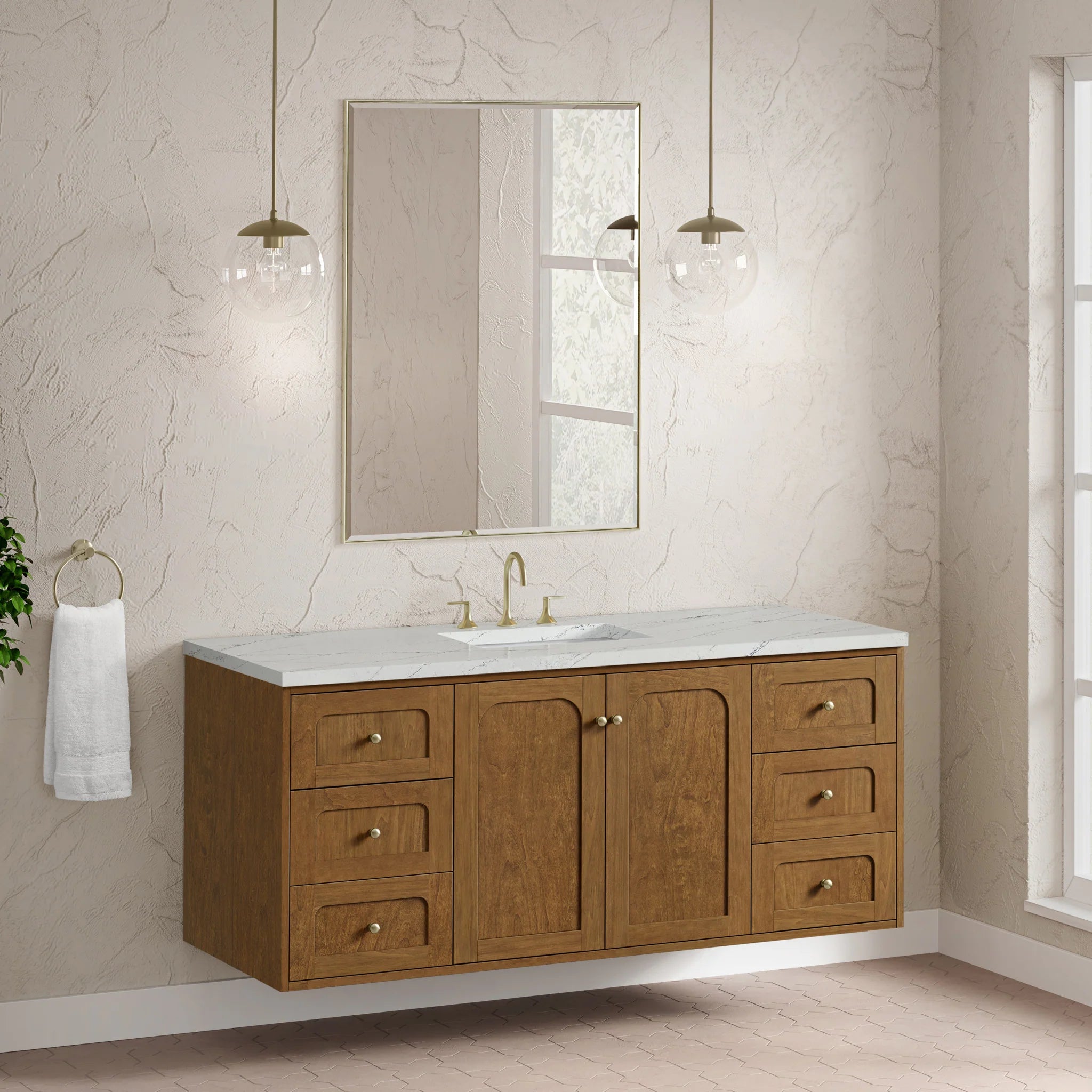 60" Laurent Single Vanity in Honey Oak w/FreePower Wireless Charger by James Martin Vanities-Ethereal Noctis Silestone 5