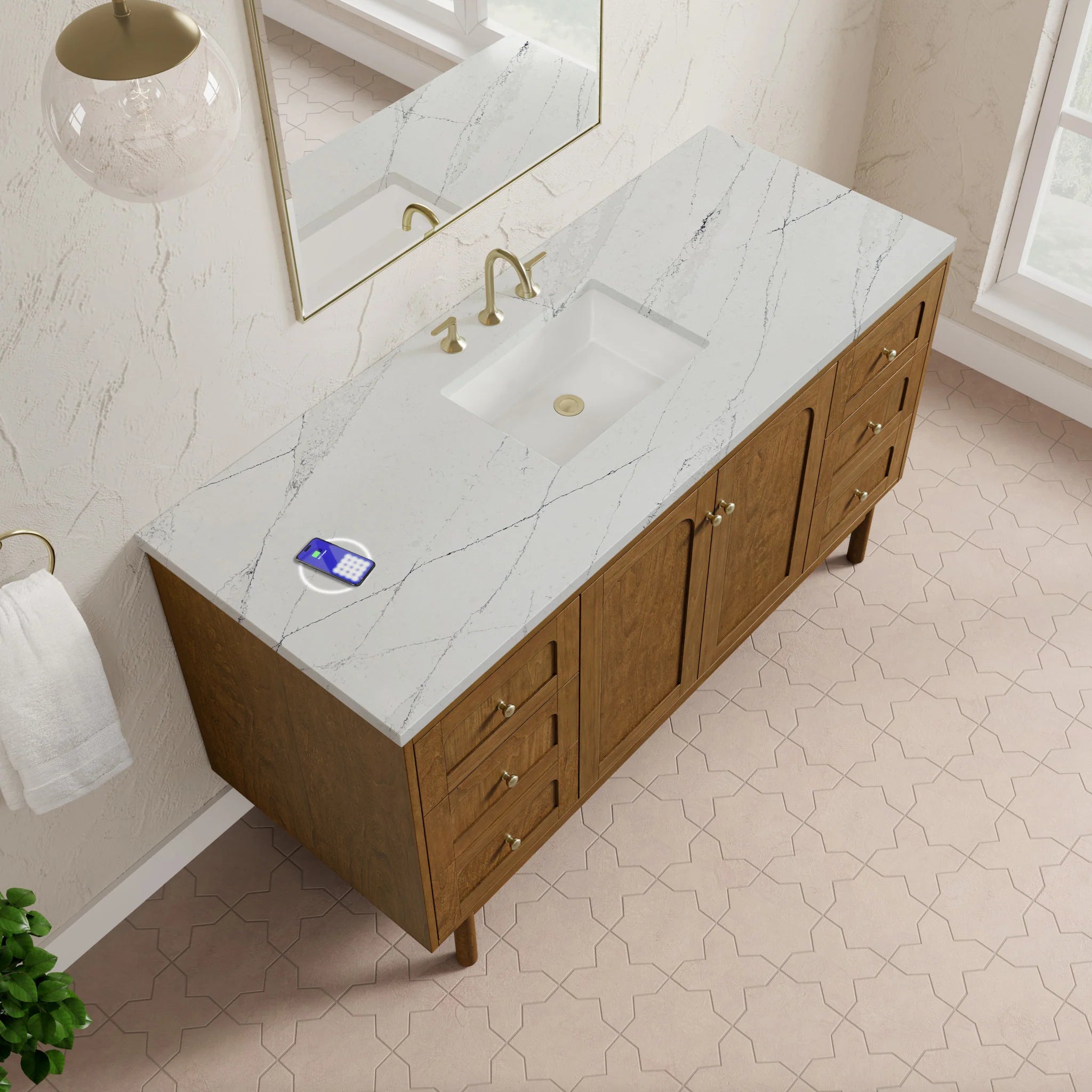60" Laurent Single Vanity in Honey Oak w/FreePower Wireless Charger by James Martin Vanities-Ethereal Noctis Silestone 8