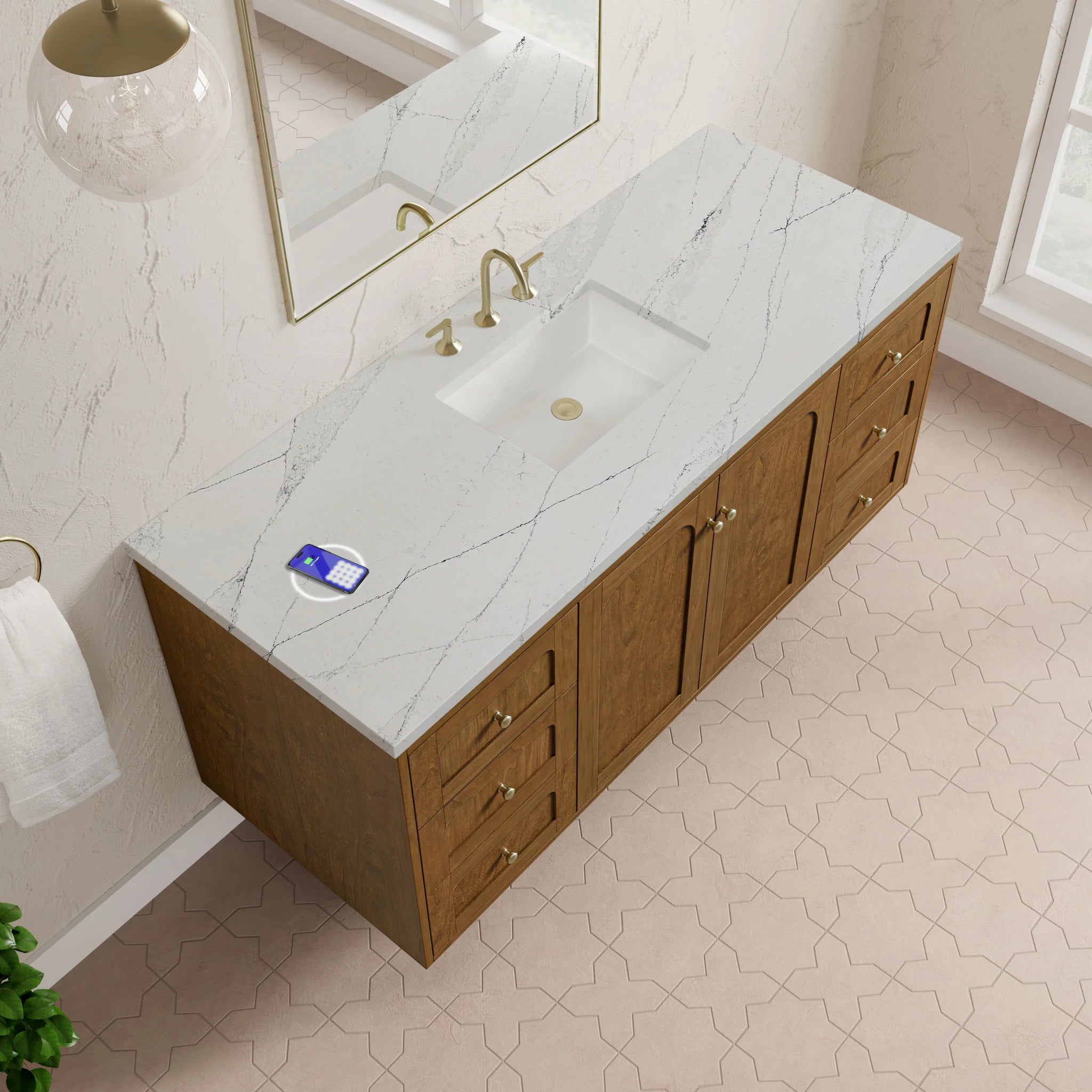 60" Laurent Single Vanity in Honey Oak w/FreePower Wireless Charger by James Martin Vanities-Ethereal Noctis Silestone 9