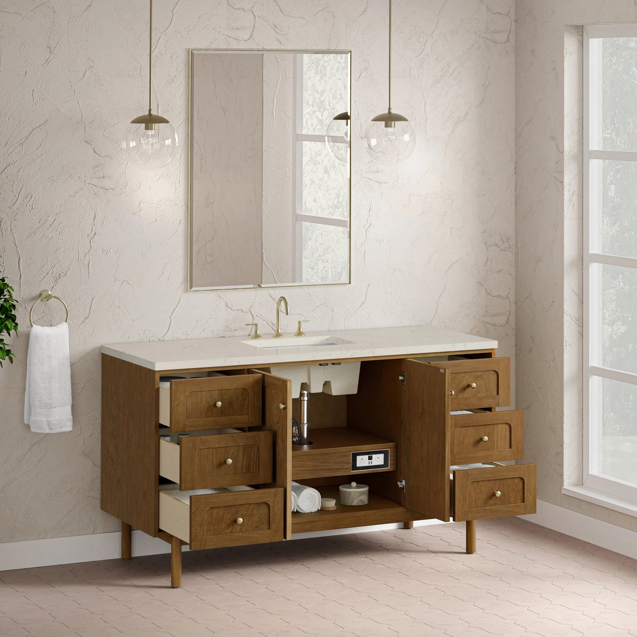60" Laurent Single Vanity in Honey Oak w/FreePower Wireless Charger by James Martin Vanities-Siberian Silestone 6