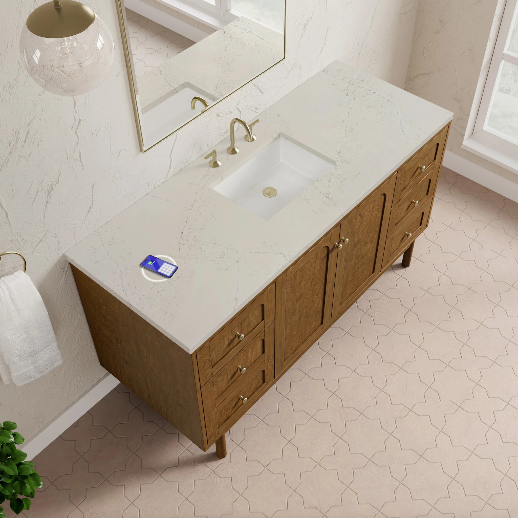 60" Laurent Single Vanity in Honey Oak w/FreePower Wireless Charger by James Martin Vanities-Siberian Silestone 8