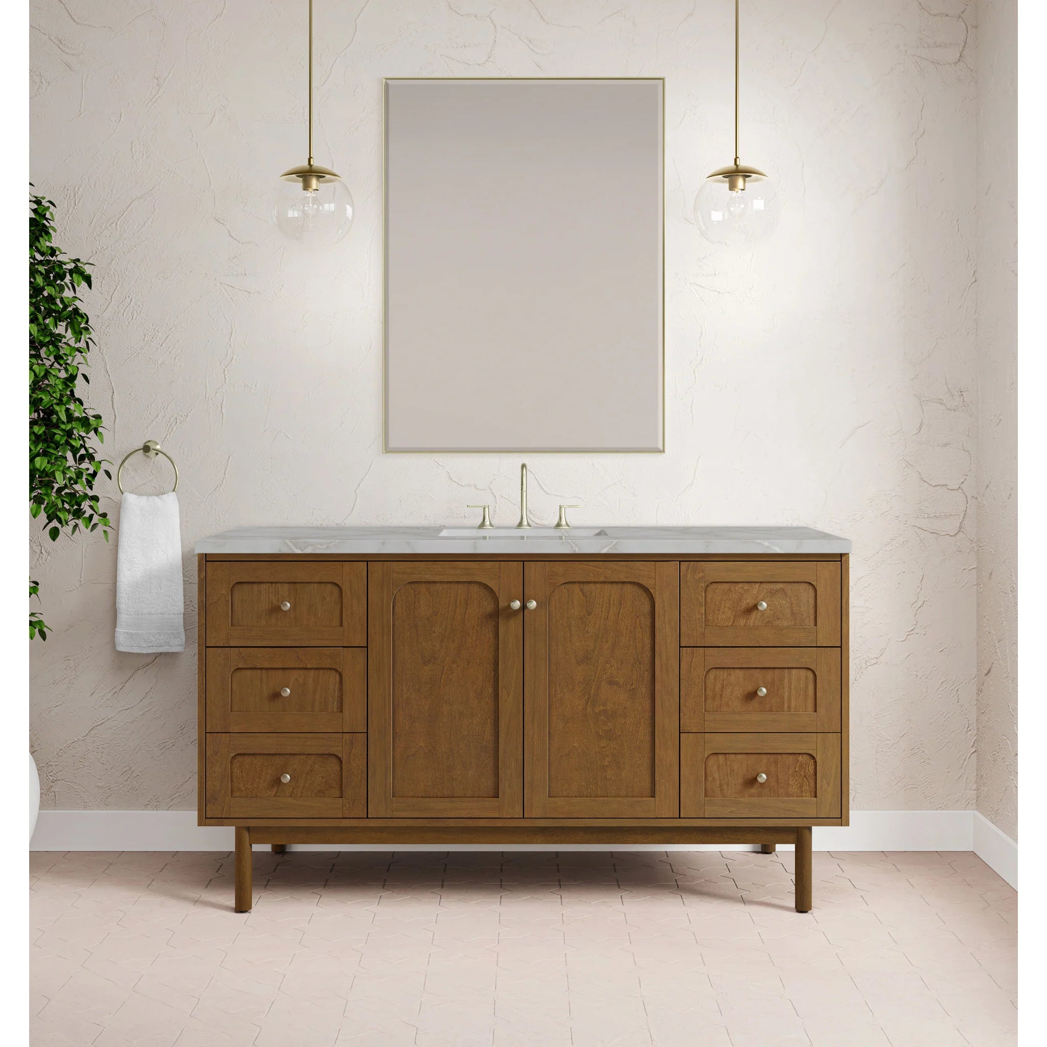 60" Laurent Single Vanity in Honey Oak w/FreePower Wireless Charger by James Martin Vanities-Victorian Silver Silestone 2